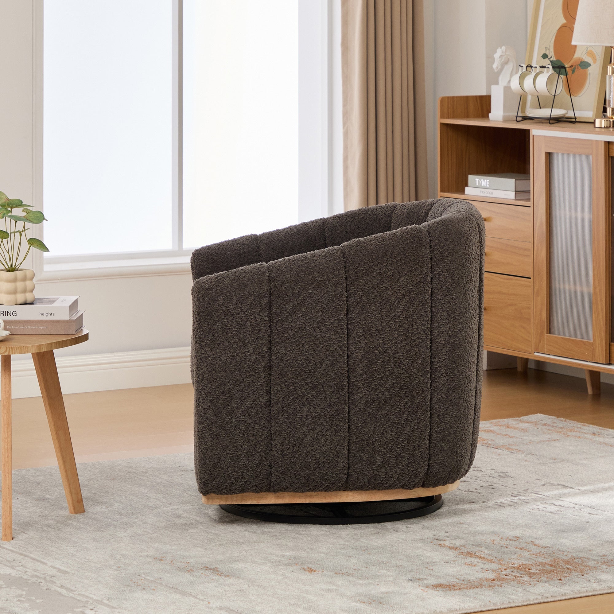 Eaton Charcoal Swivel Barrel Chair with Metal Base and Tufted-Chenille Upholstery