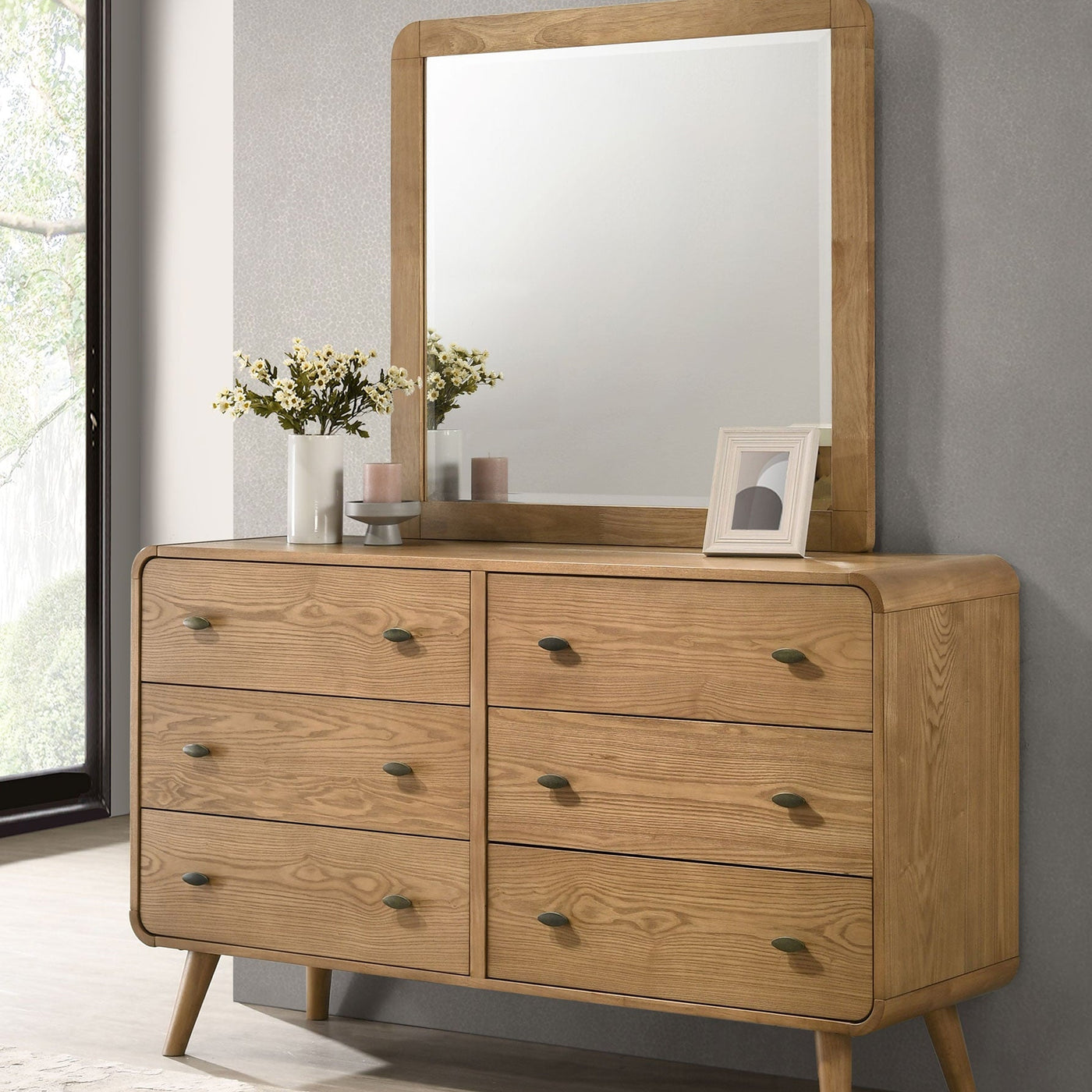 Robyn 6-drawer Bedroom Dresser and Mirror Light Ash