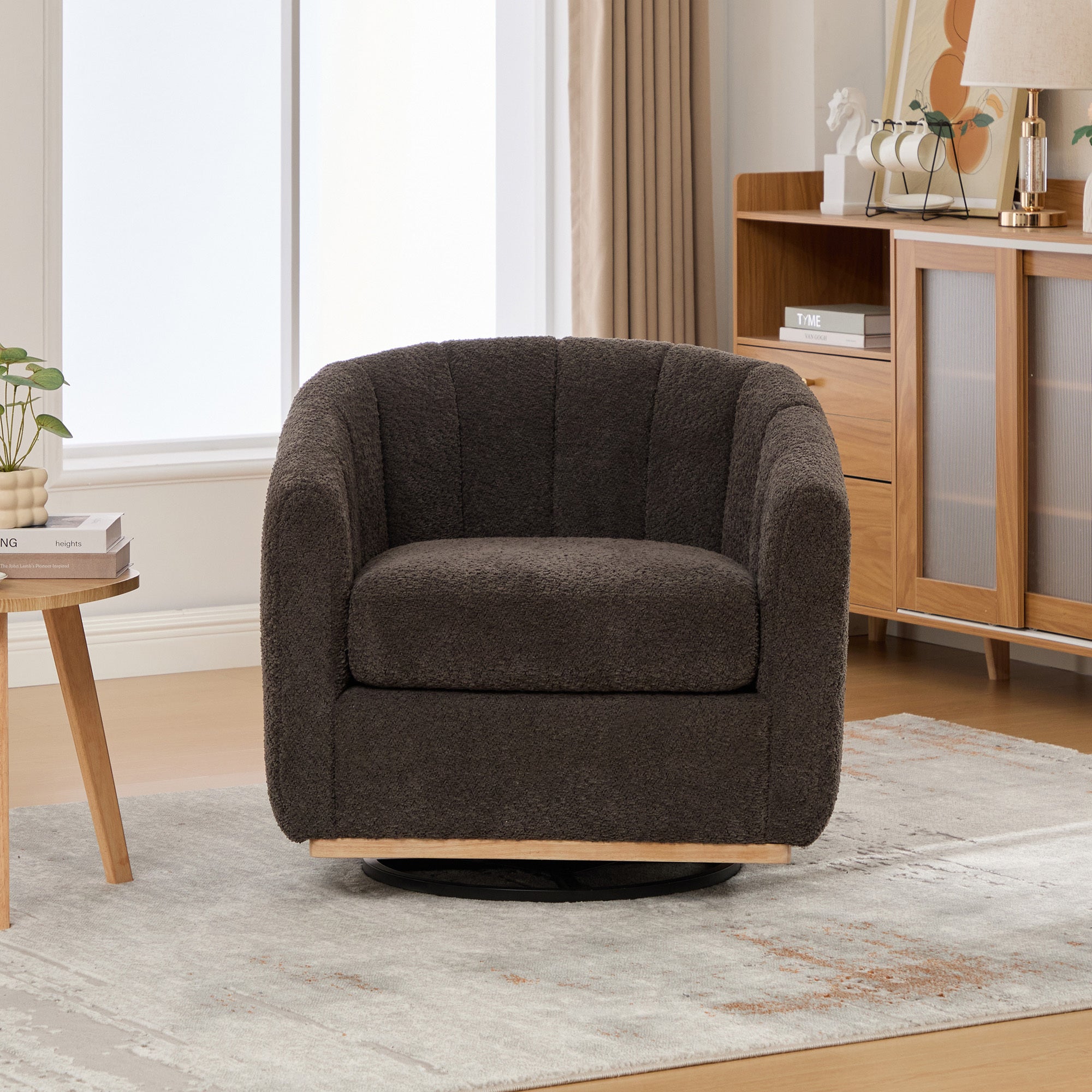 Eaton Charcoal Swivel Barrel Chair with Metal Base and Tufted-Chenille Upholstery
