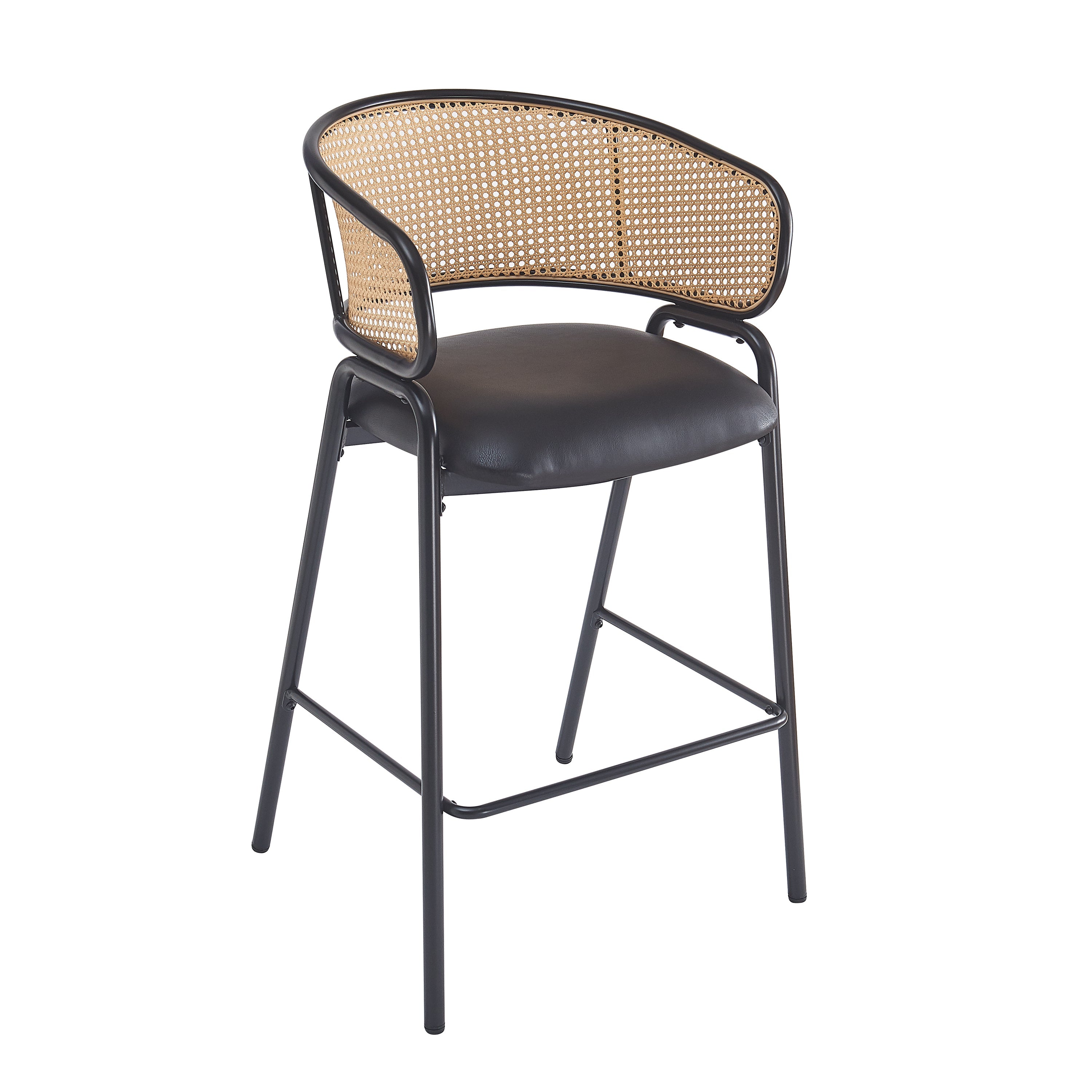 Ethan Indoor Metal Upholstered Barstool, Faux Leather Seat With Wowen Rattan Decorated Backrest, Set of 2