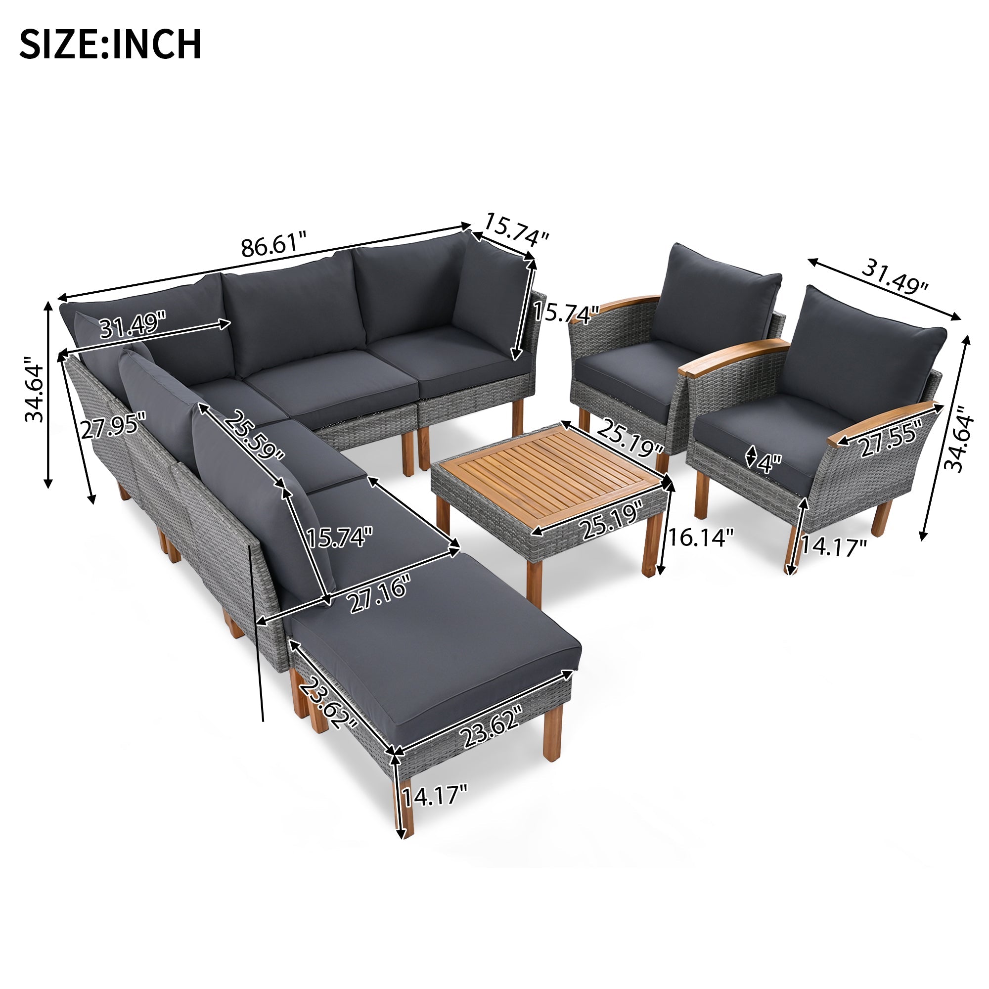 Outdoor Sectional Set Cushioned Seating - Gray