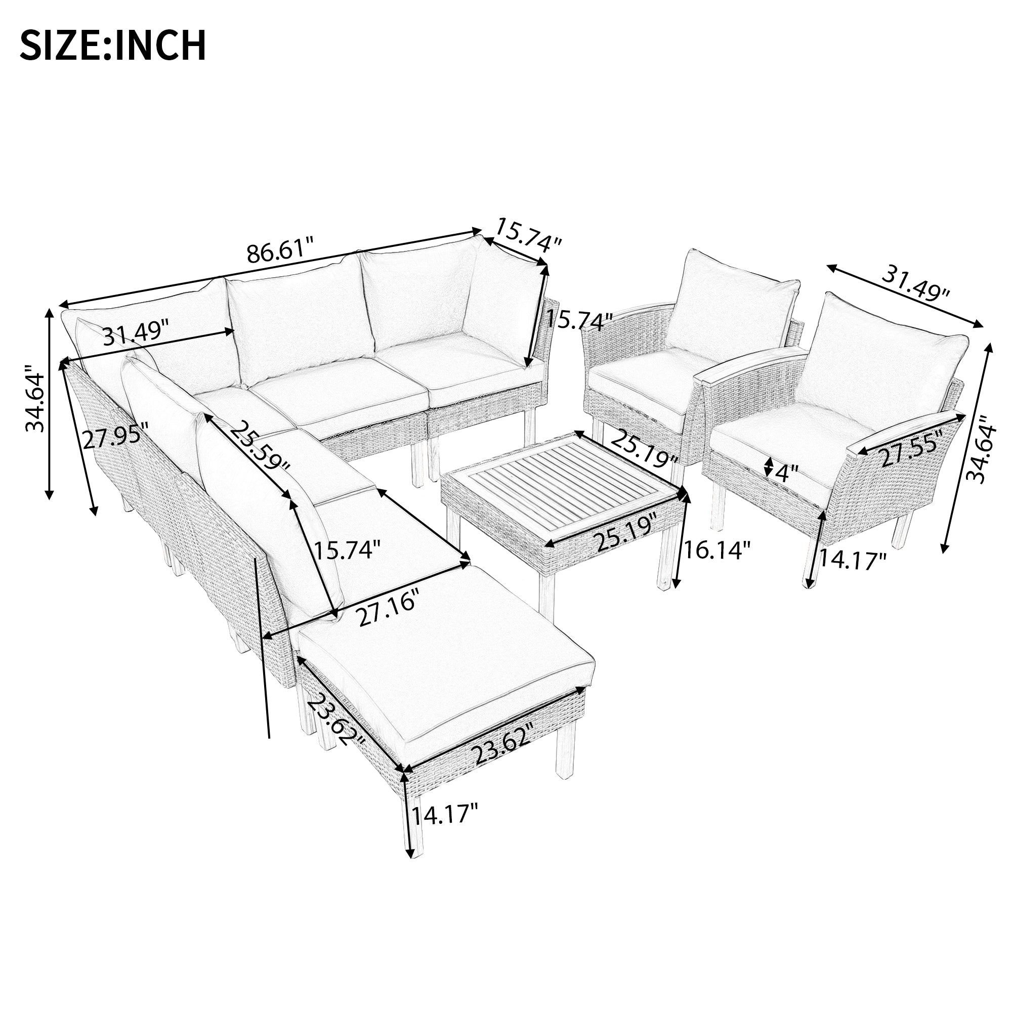 Outdoor Sectional Set Cushioned Seating - Gray