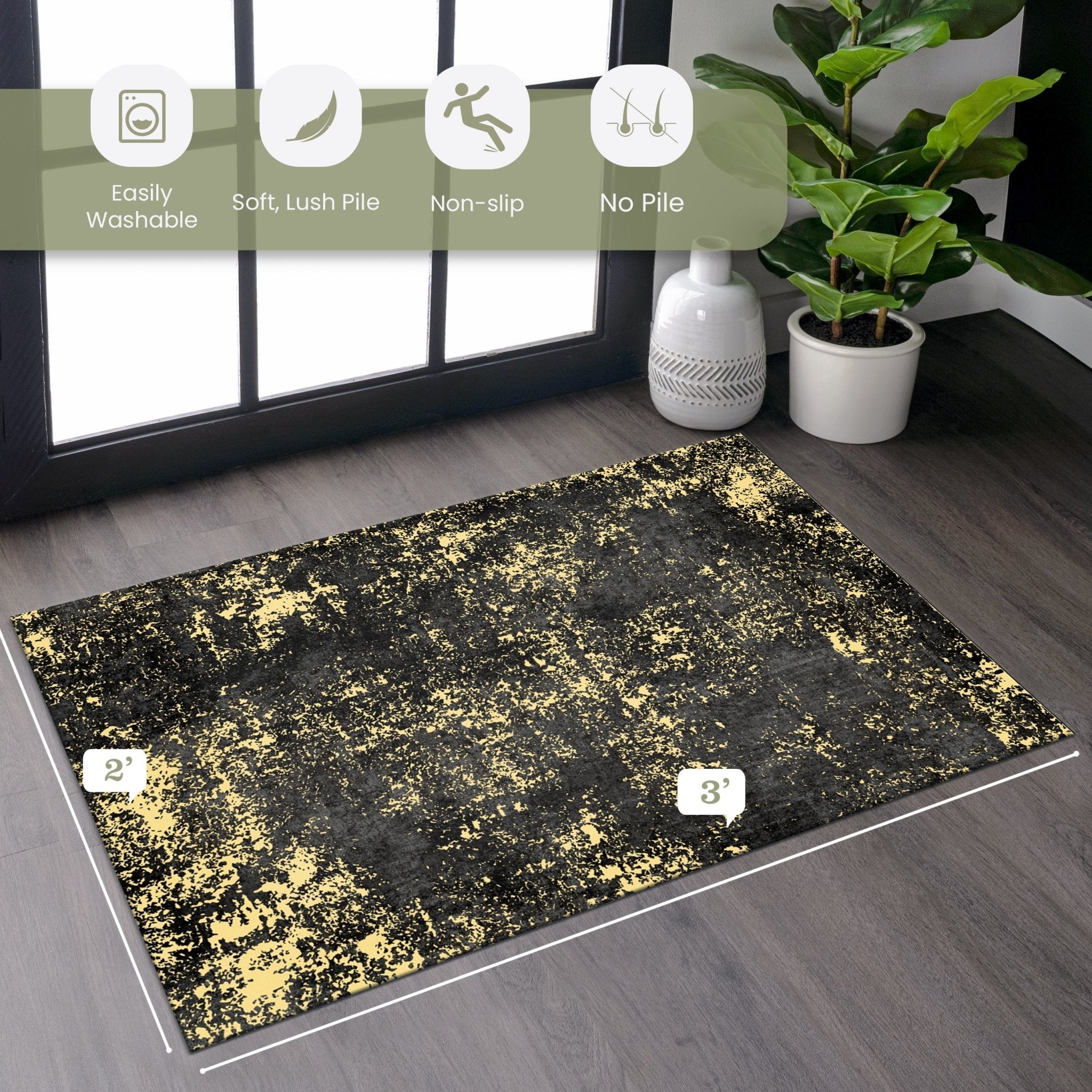 Layla 5' x 8' Black/Gold Machine Washable Low-Pile, Non-Slip, Non-Shedding, Foldable, Kid & Pet Friendly Area Rug