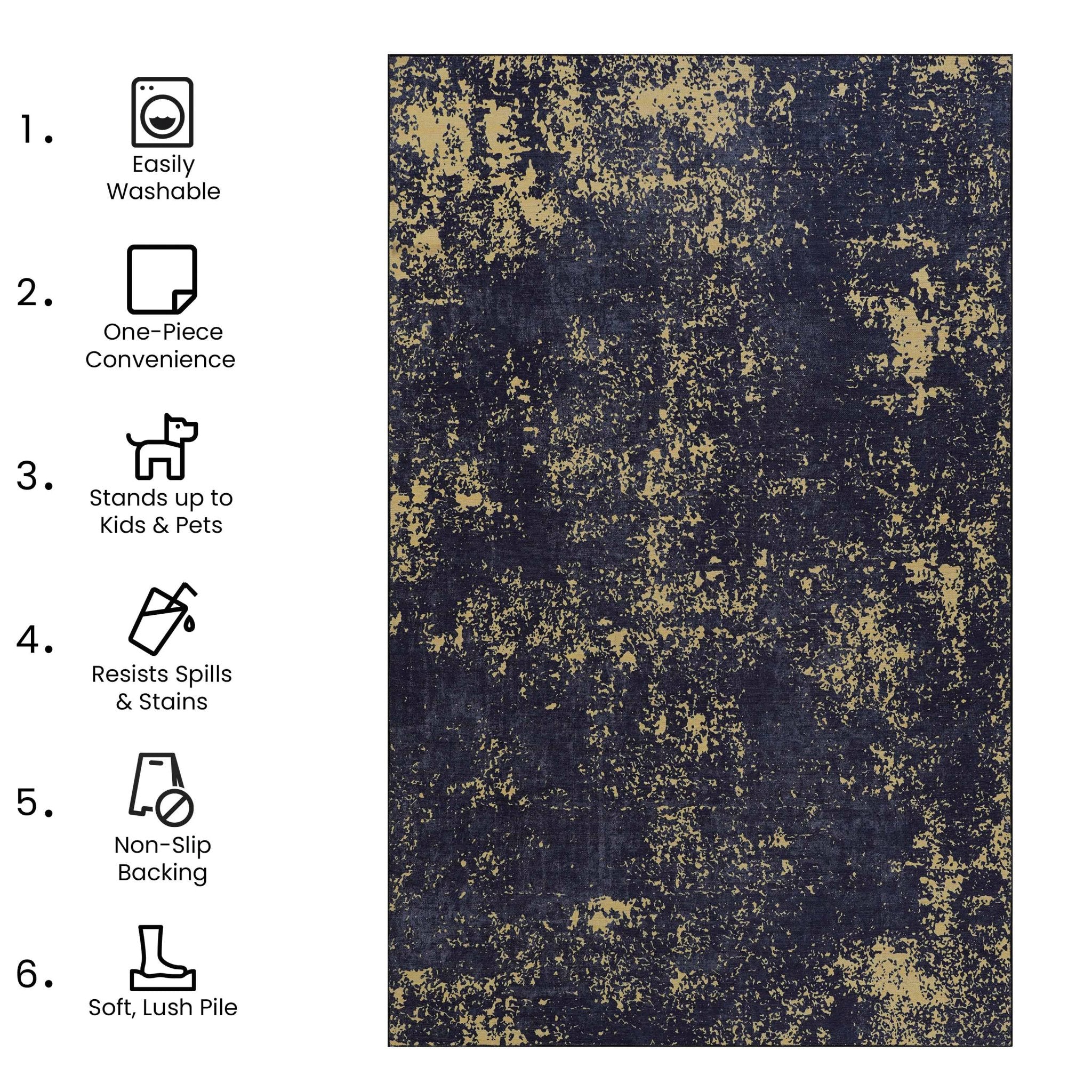Layla 9' x 12' Black/Gold Machine Washable Low-Pile, Non-Slip, Non-Shedding, Foldable, Kid & Pet Friendly Area Rug