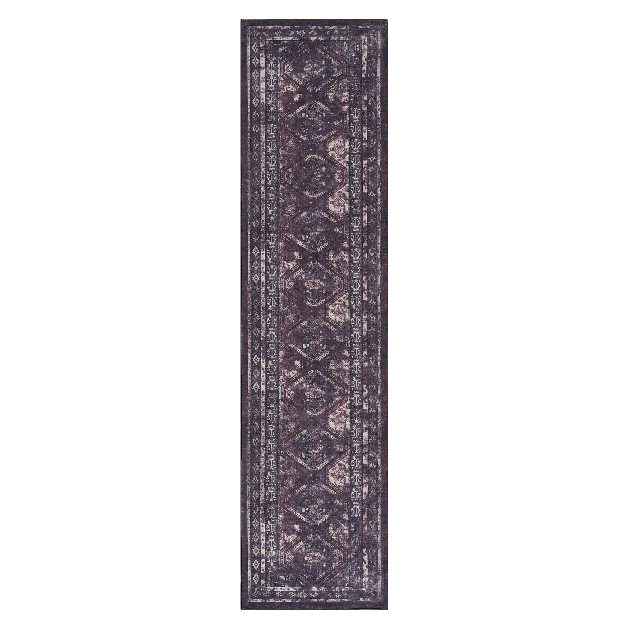 Kaden 2'6'' x 10' Burgundy/Black Machine Washable Low-Pile, Non-Slip, Non-Shedding, Foldable, Kid & Pet Friendly Area Rug