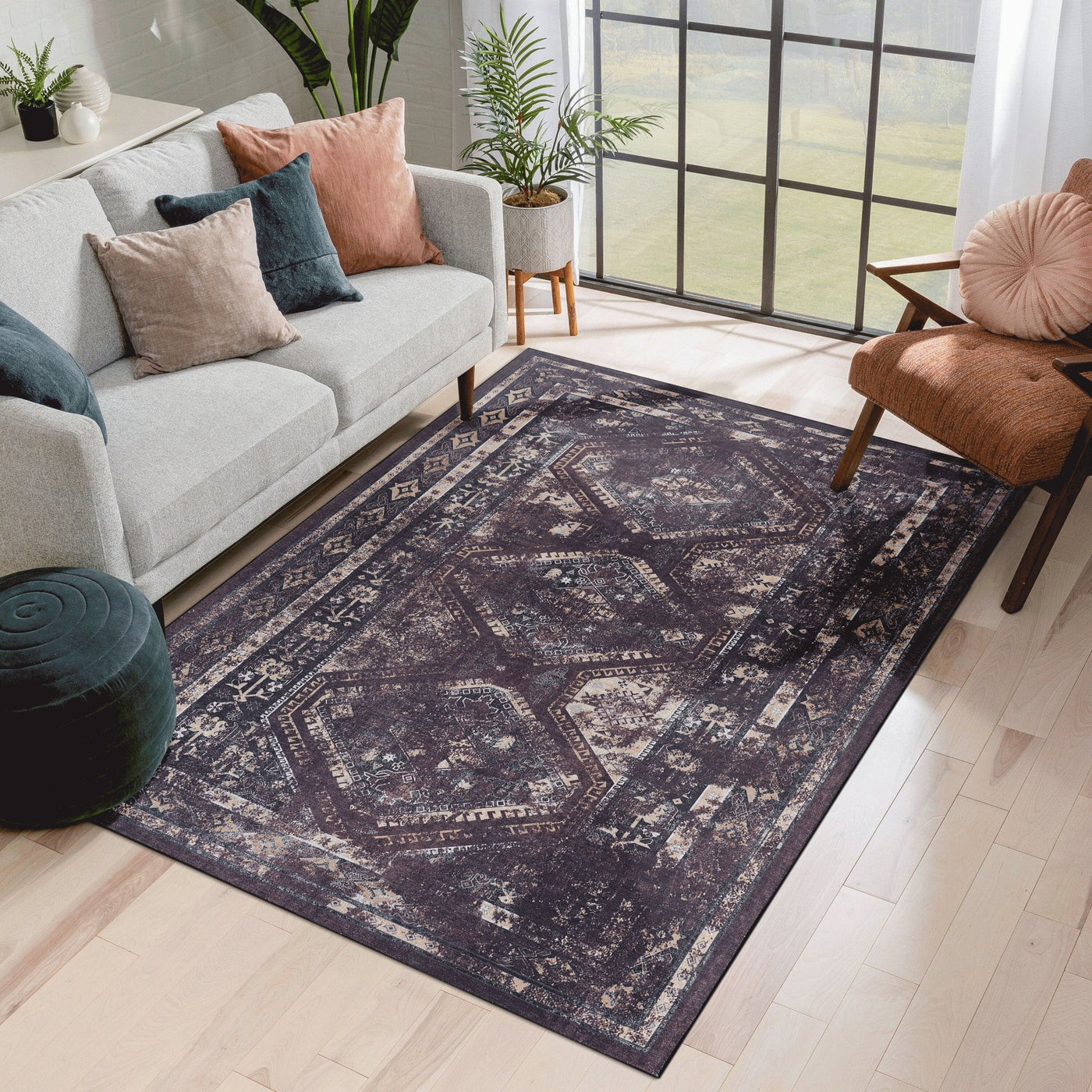 Kaden 4' x 6' Burgundy/Black Machine Washable Low-Pile, Non-Slip, Non-Shedding, Foldable, Kid & Pet Friendly Area Rug