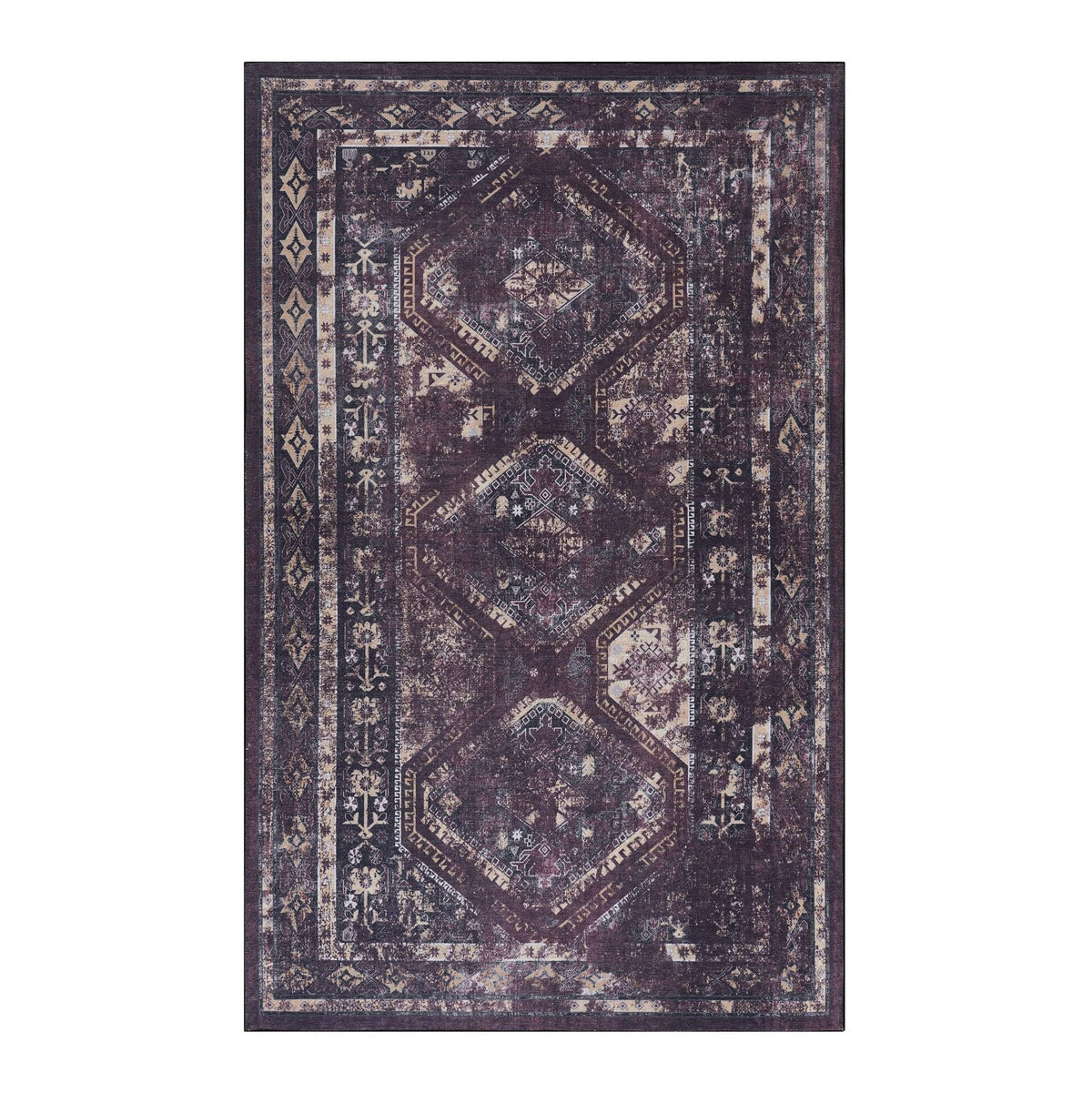 Kaden 2'6'' x 10' Burgundy/Black Machine Washable Low-Pile, Non-Slip, Non-Shedding, Foldable, Kid & Pet Friendly Area Rug