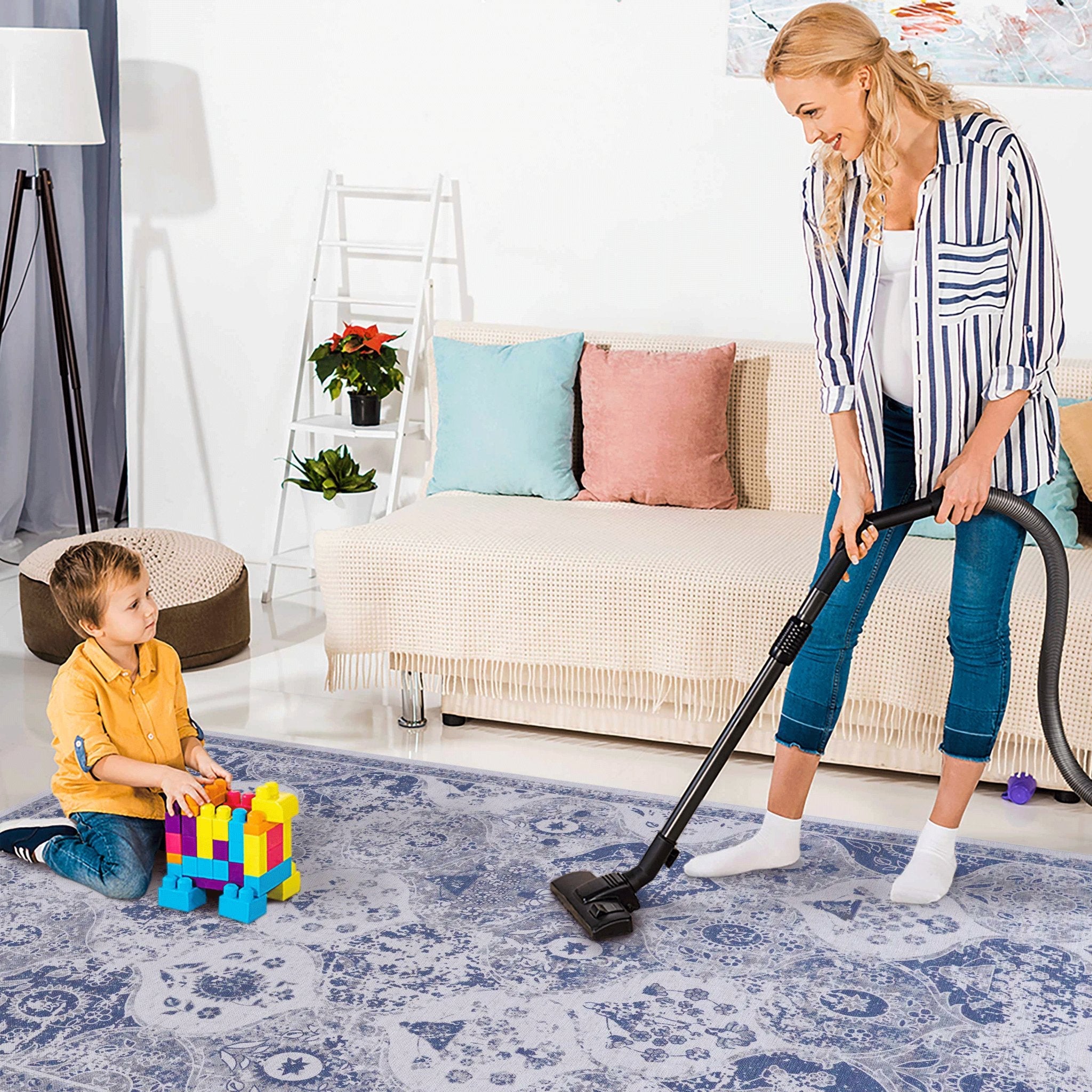 Rigo 6' x 9' Blue/ Machine Washable Low-Pile, Non-Slip, Non-Shedding, Foldable, Kid & Pet Friendly Area Rug