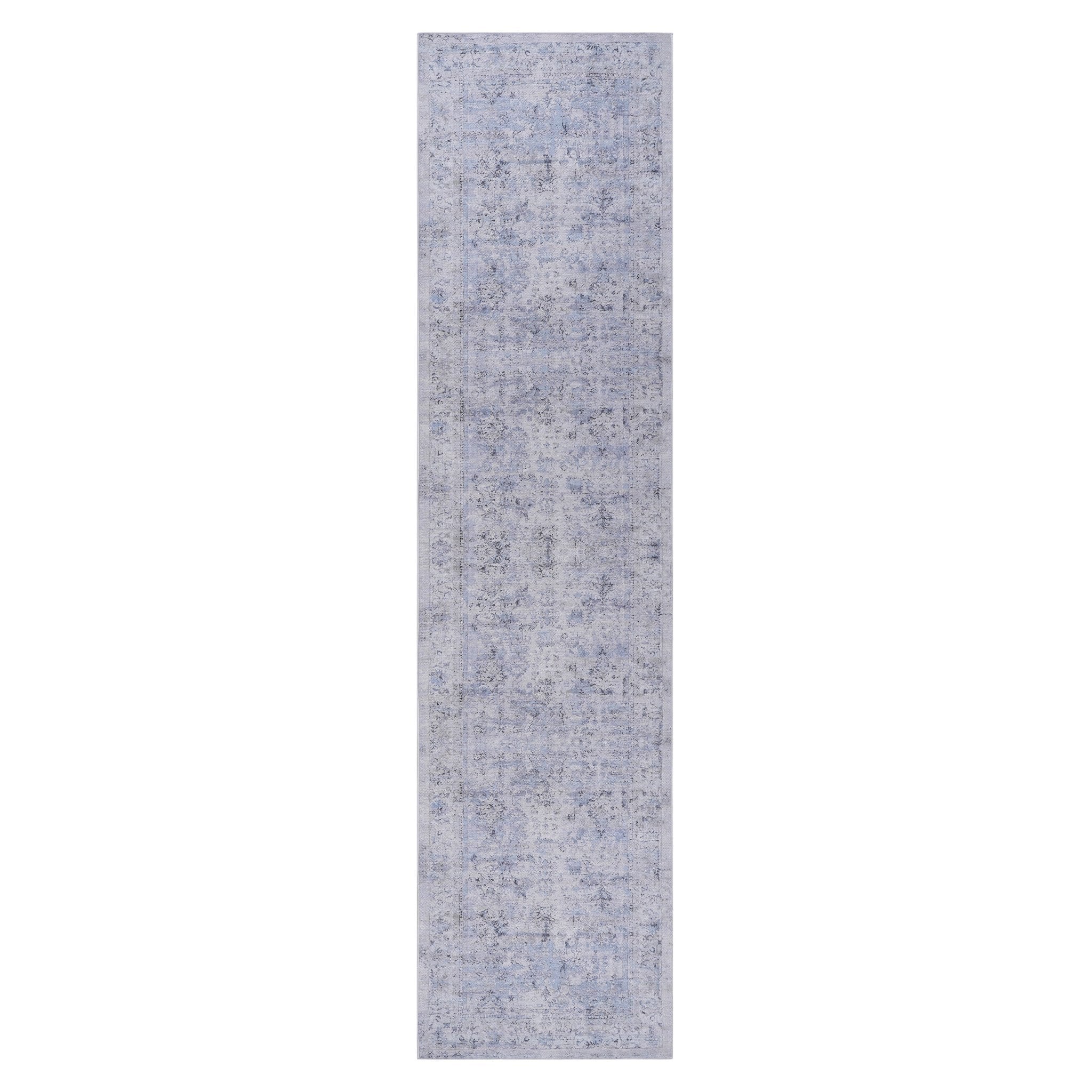 Colca 2'6'' x 10' Blue/Cream Machine Washable Low-Pile, Non-Slip, Non-Shedding, Foldable, Kid & Pet Friendly Area Rug