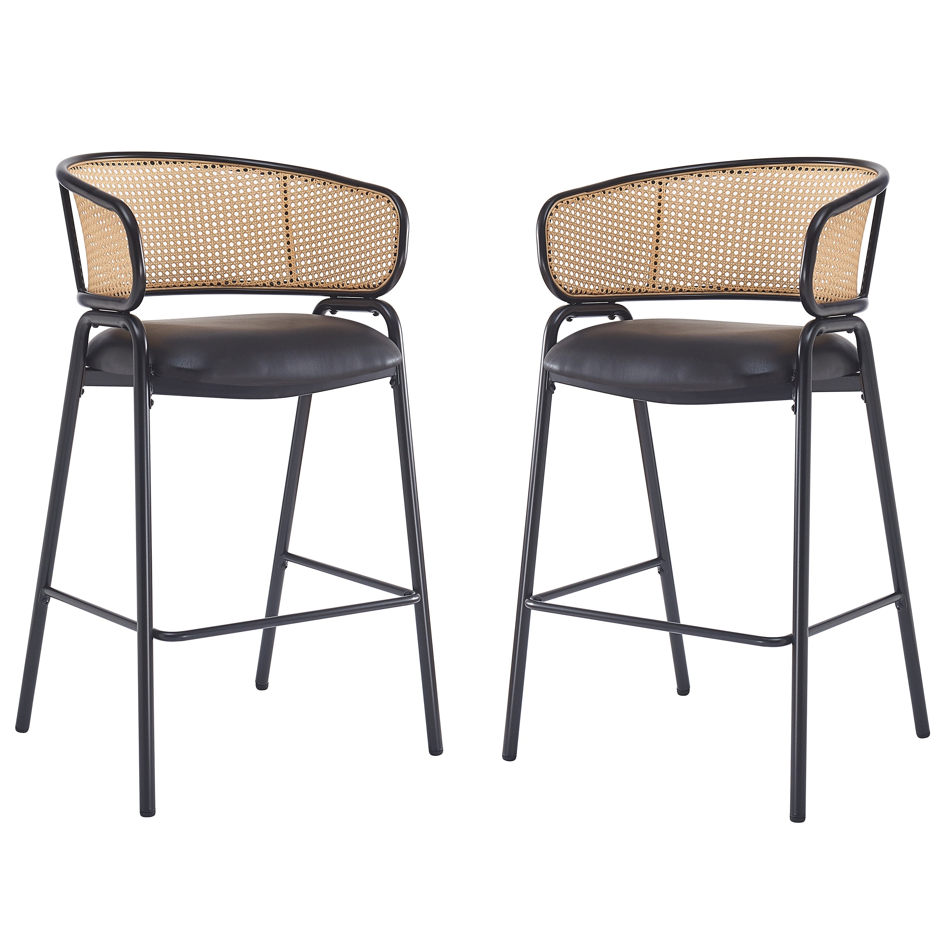 Ethan Indoor Metal Upholstered Barstool, Faux Leather Seat With Wowen Rattan Decorated Backrest, Set of 2