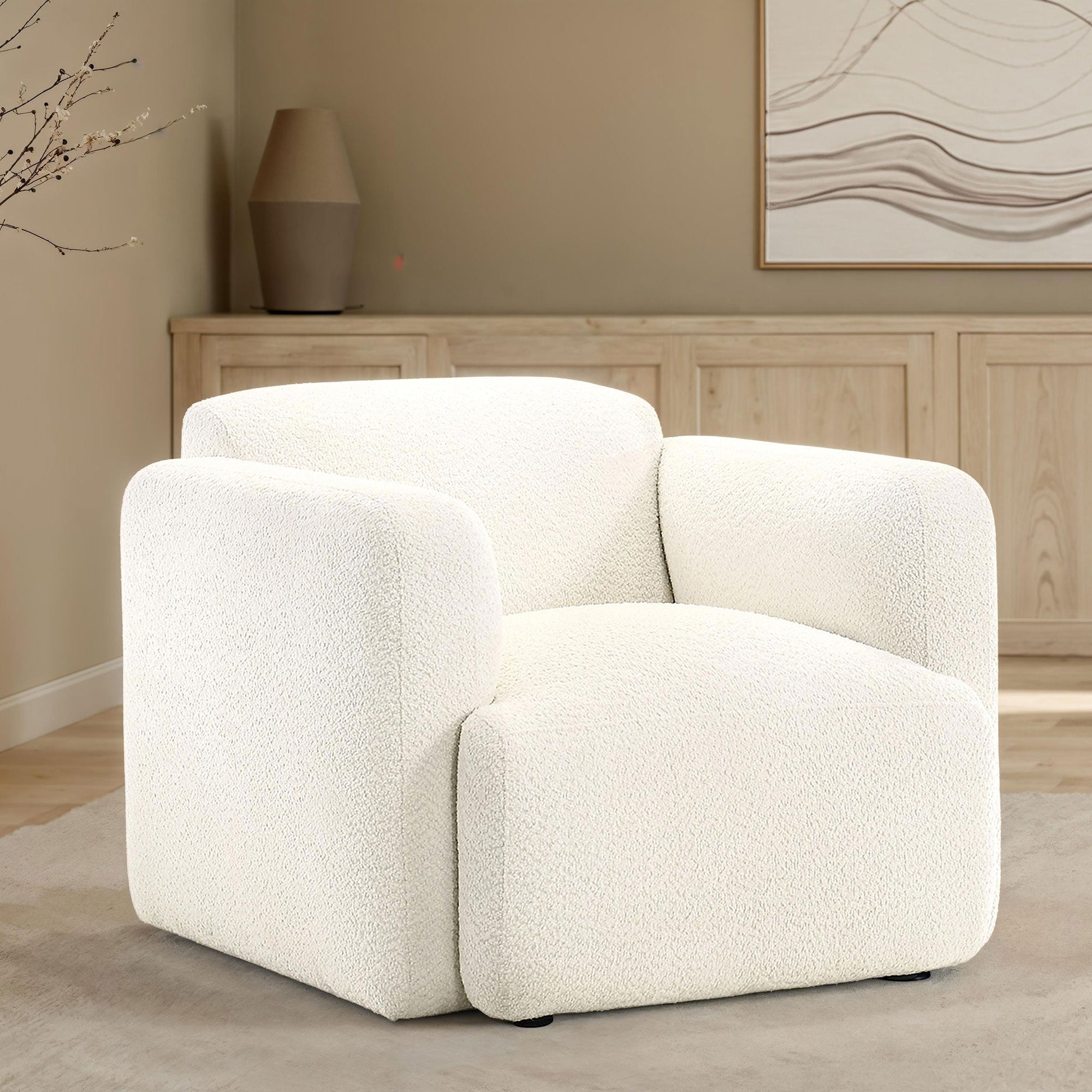 Dorset White Fabric Upholstered Round Track Arm Accent Chair