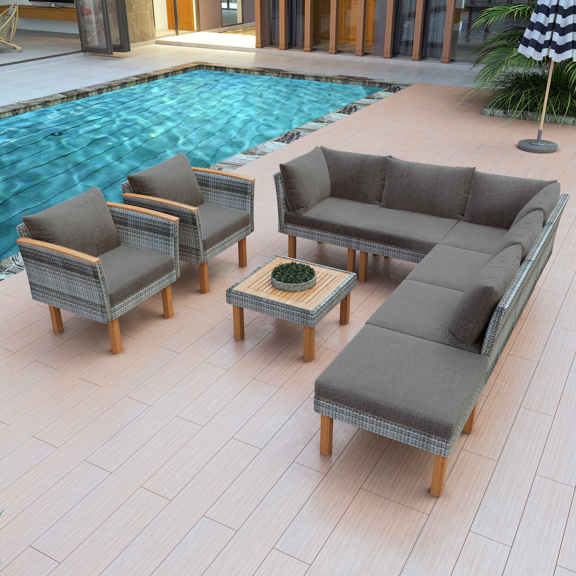 Outdoor Sectional Set Cushioned Seating - Gray