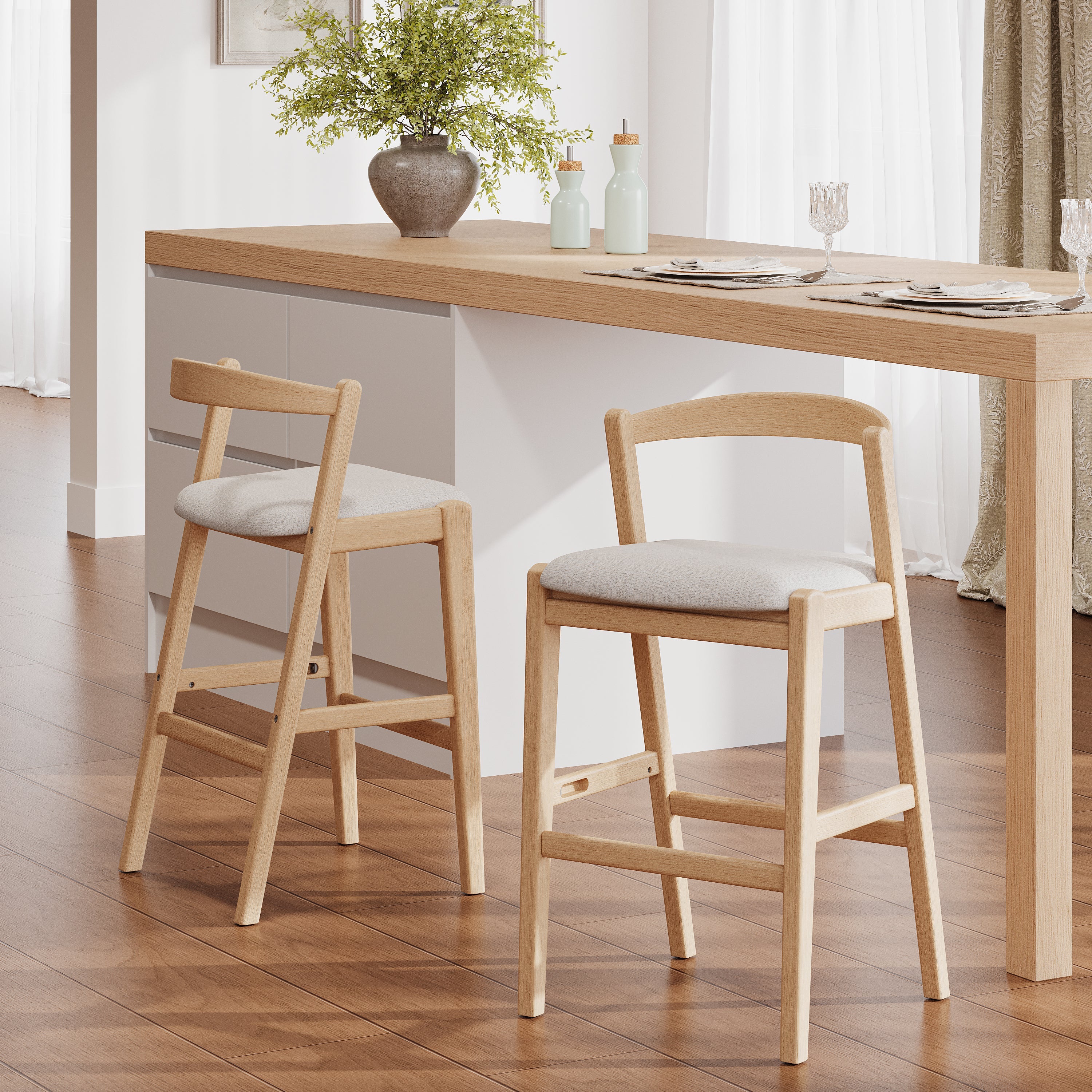 Balmain Indoor Rubberwood Barstool, Natural Finished and Beige Upholstery, Set of 2