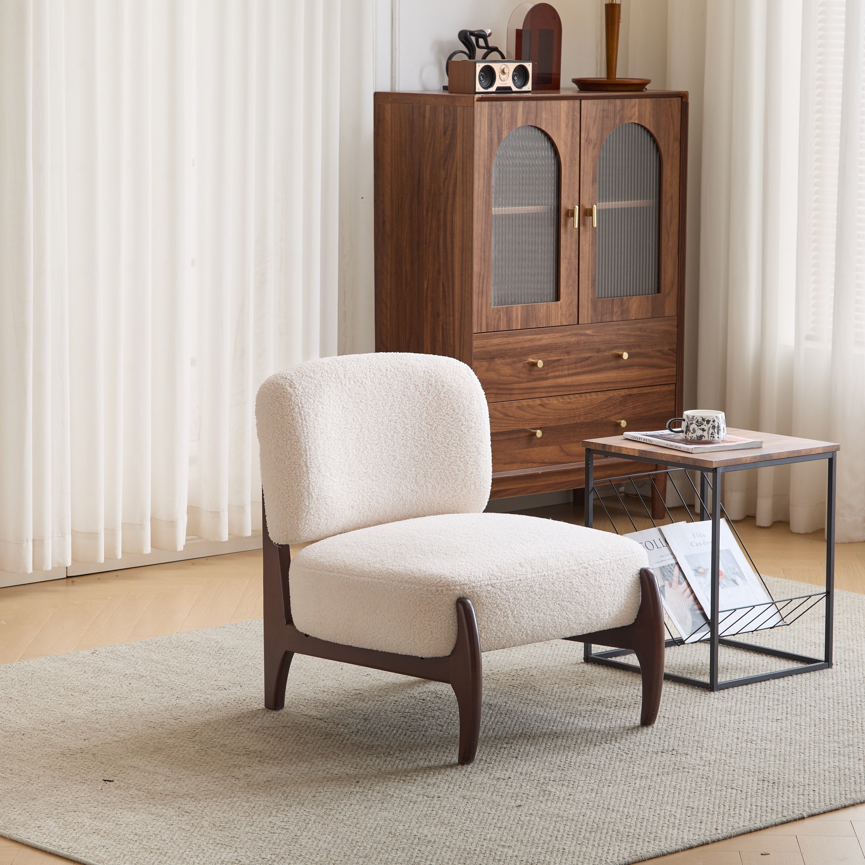 Easton Beige Modern Boucle Lounge Chair with Solid Wood Frame