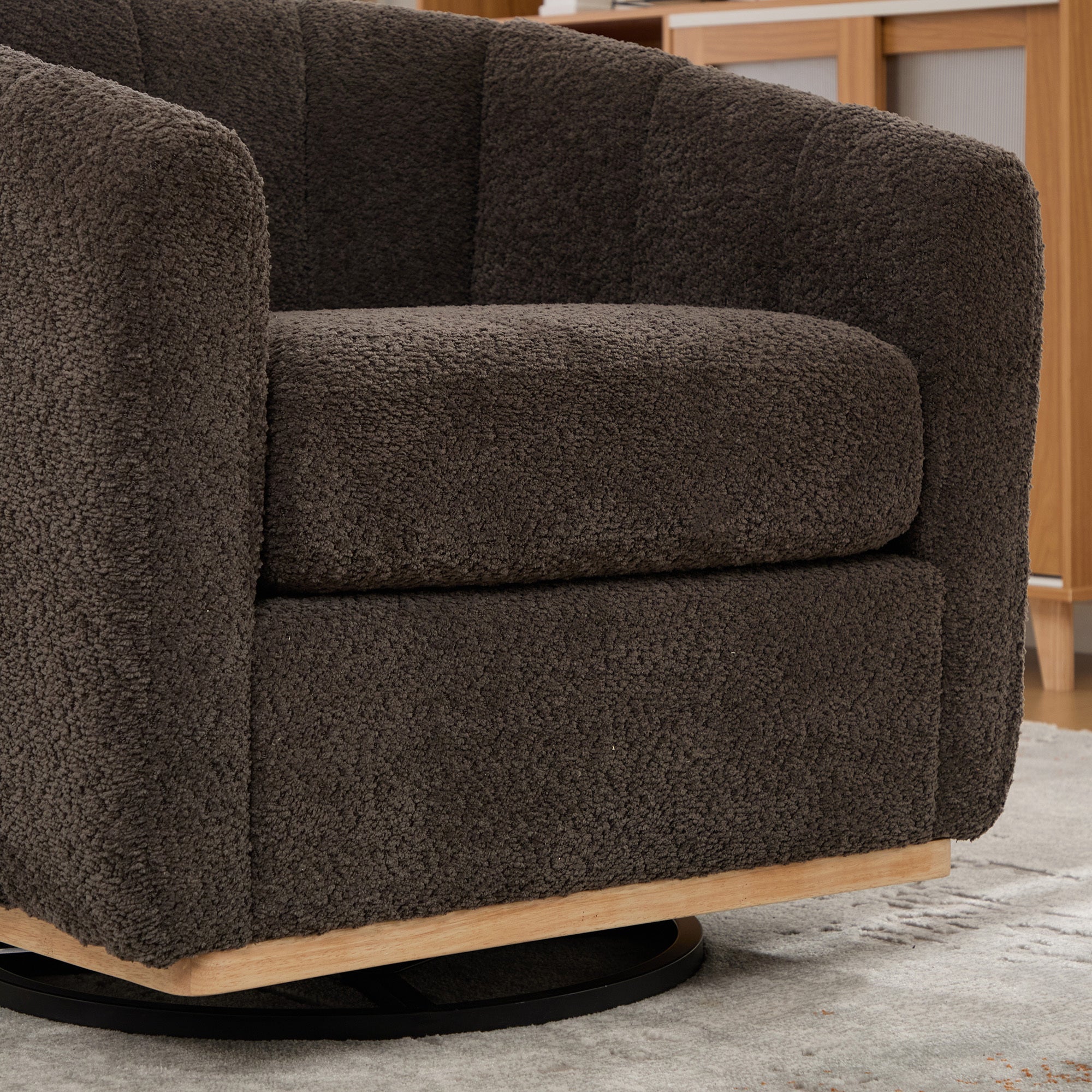 Eaton Charcoal Swivel Barrel Chair with Metal Base and Tufted-Chenille Upholstery