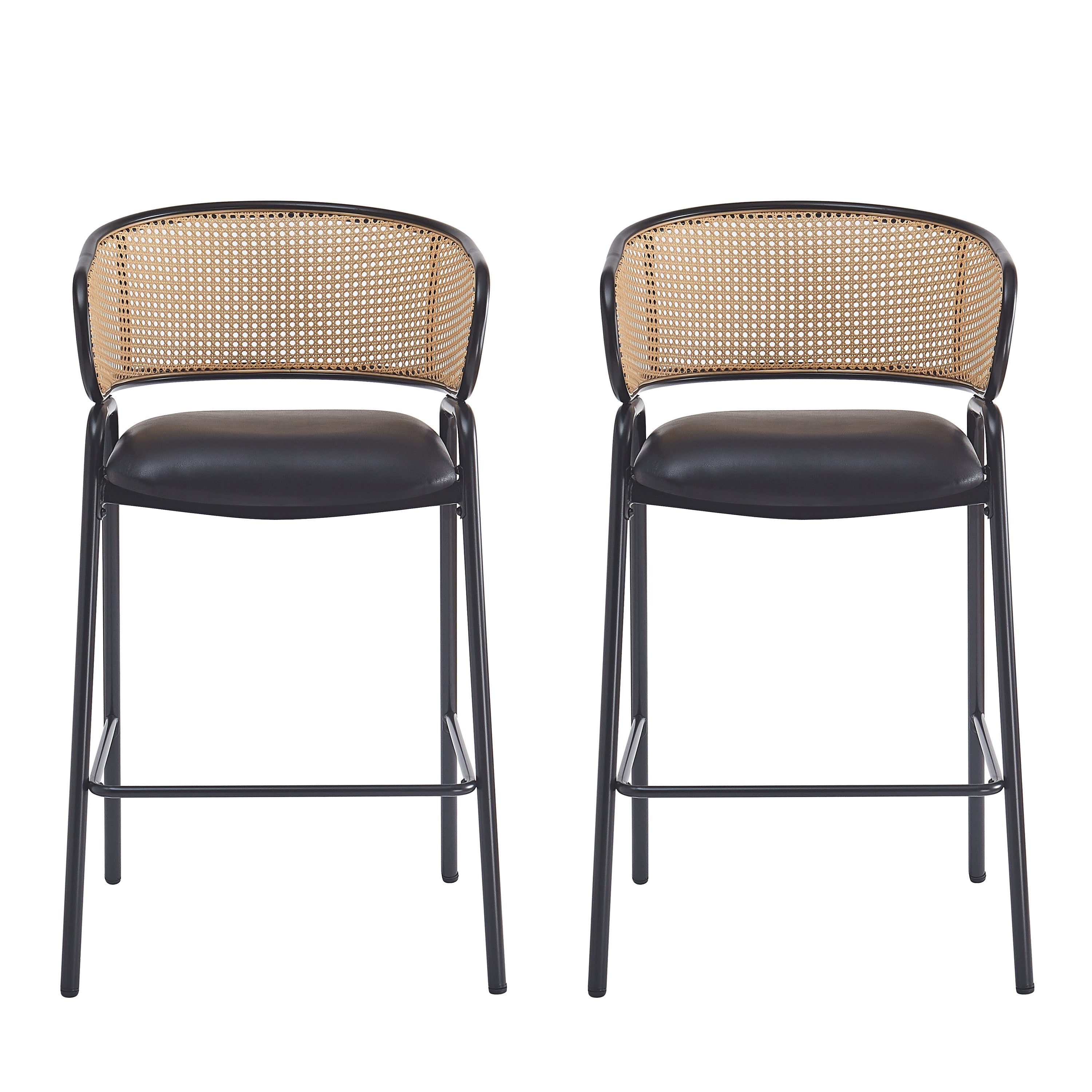Ethan Indoor Metal Upholstered Barstool, Faux Leather Seat With Wowen Rattan Decorated Backrest, Set of 2