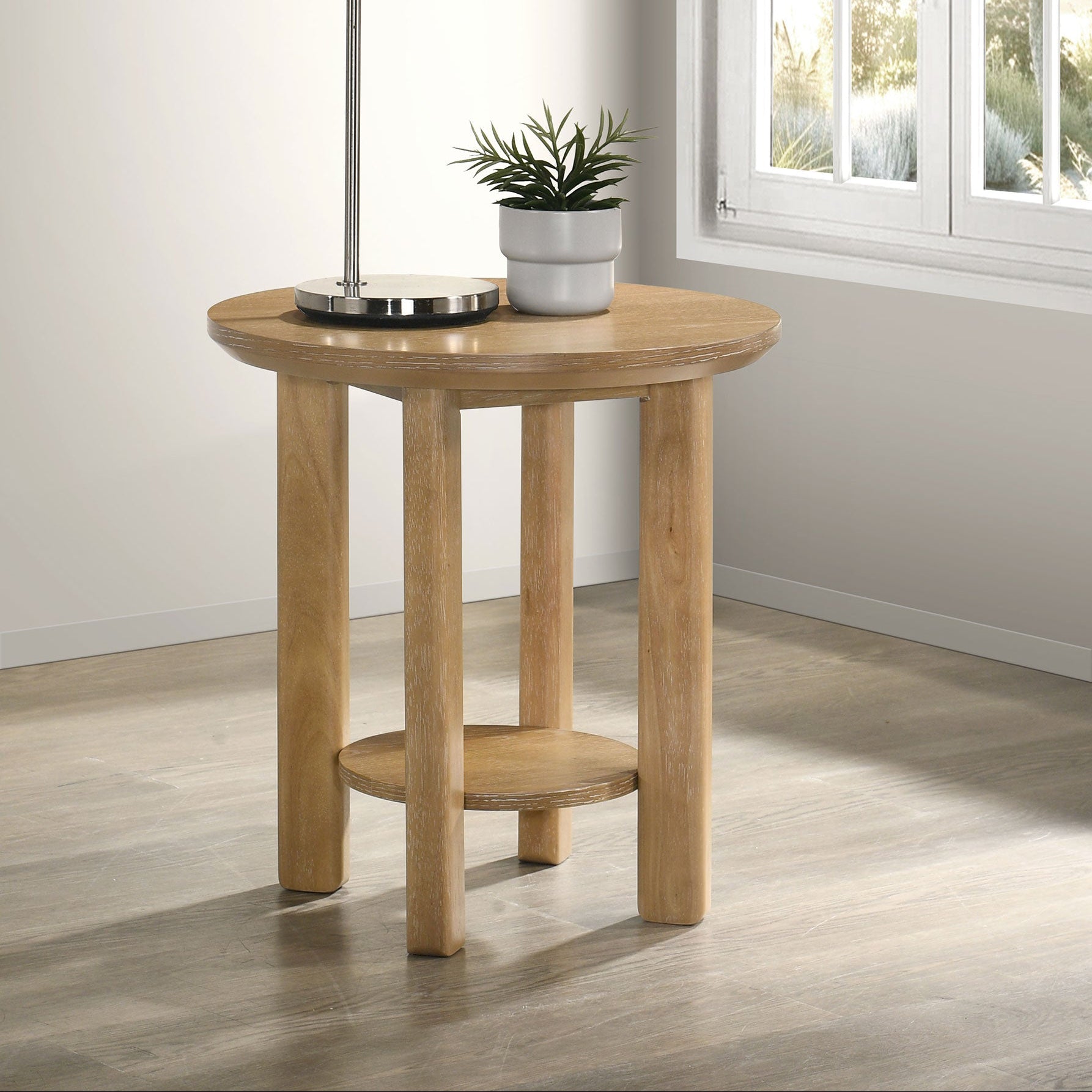 Ottowa Round Wood Side End Table with Shelf Light Oak