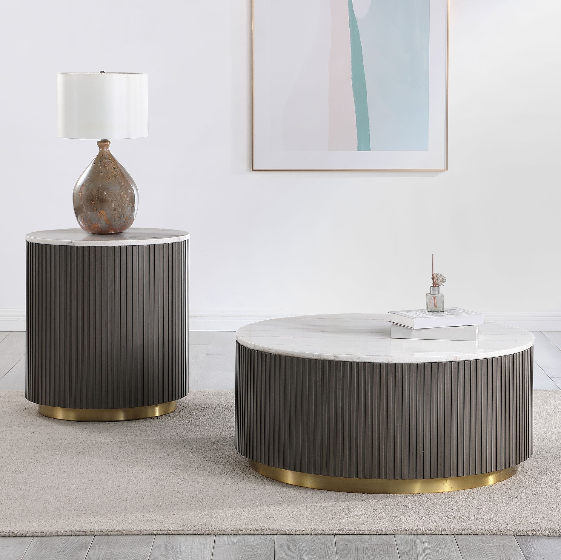 Jason Round Marble Top Coffee Table White and Charcoal