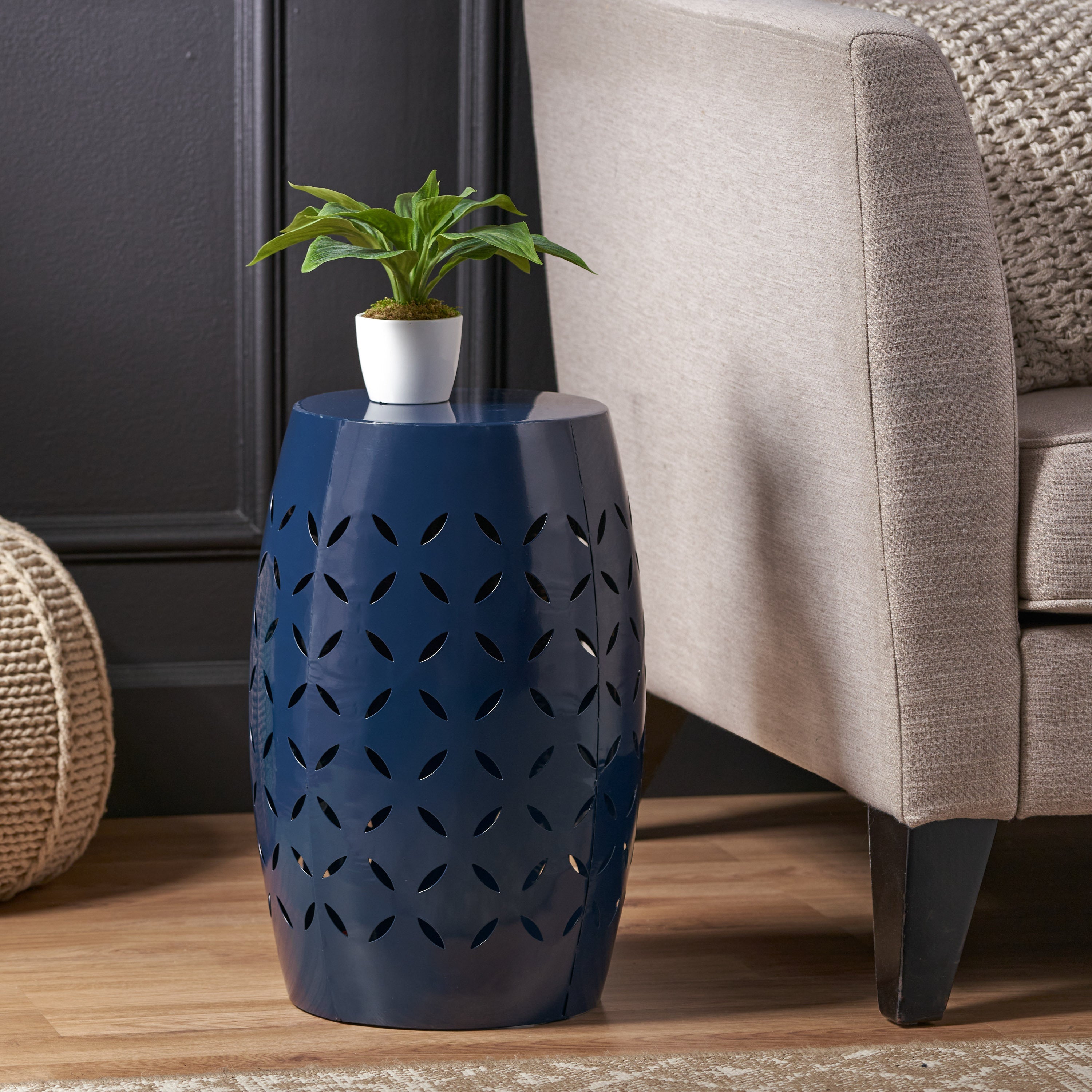 Lace-Cut Outdoor Side Table Patio Accent - Navy Blue