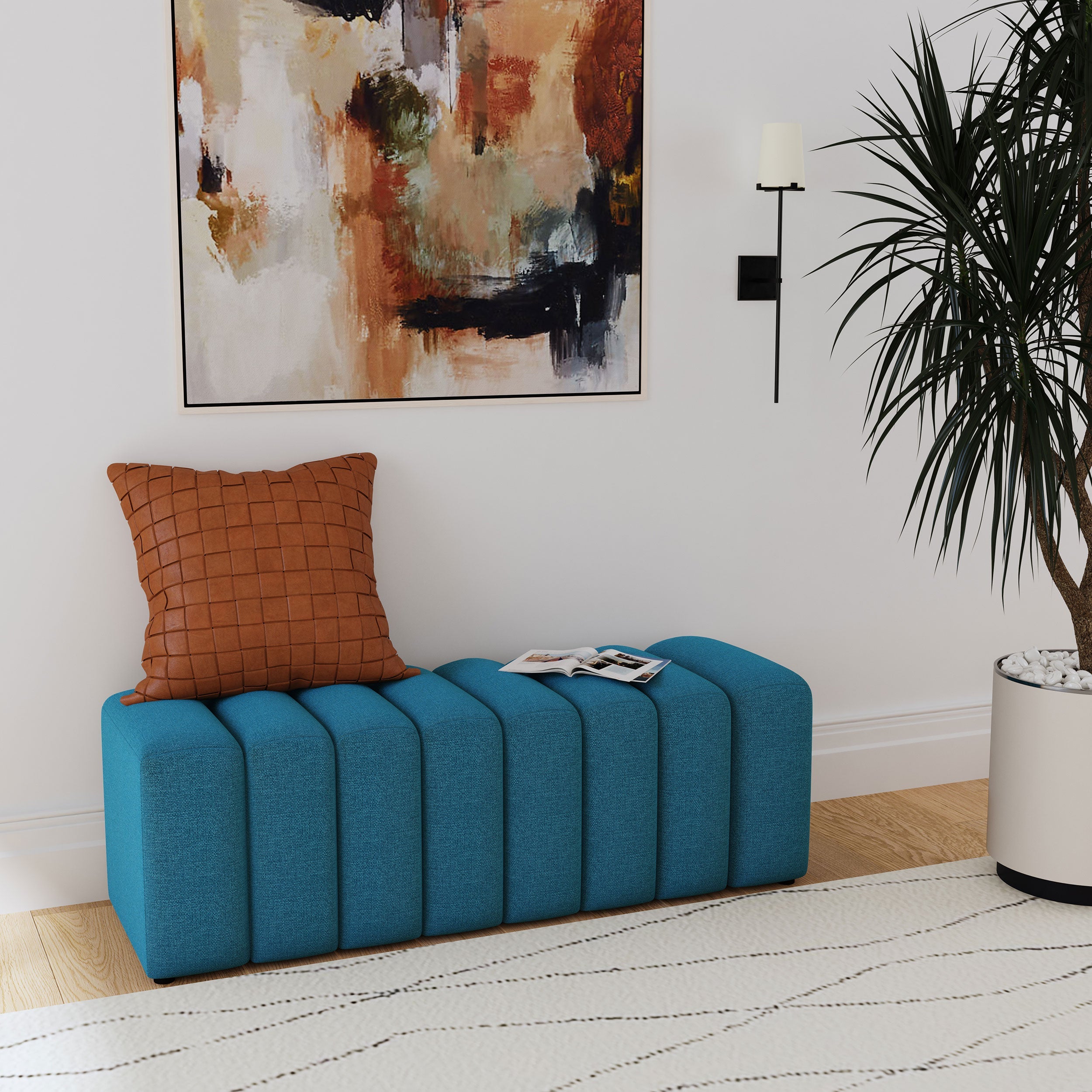 Summer Blue Fabric Upholstered Tufted Accent Bench