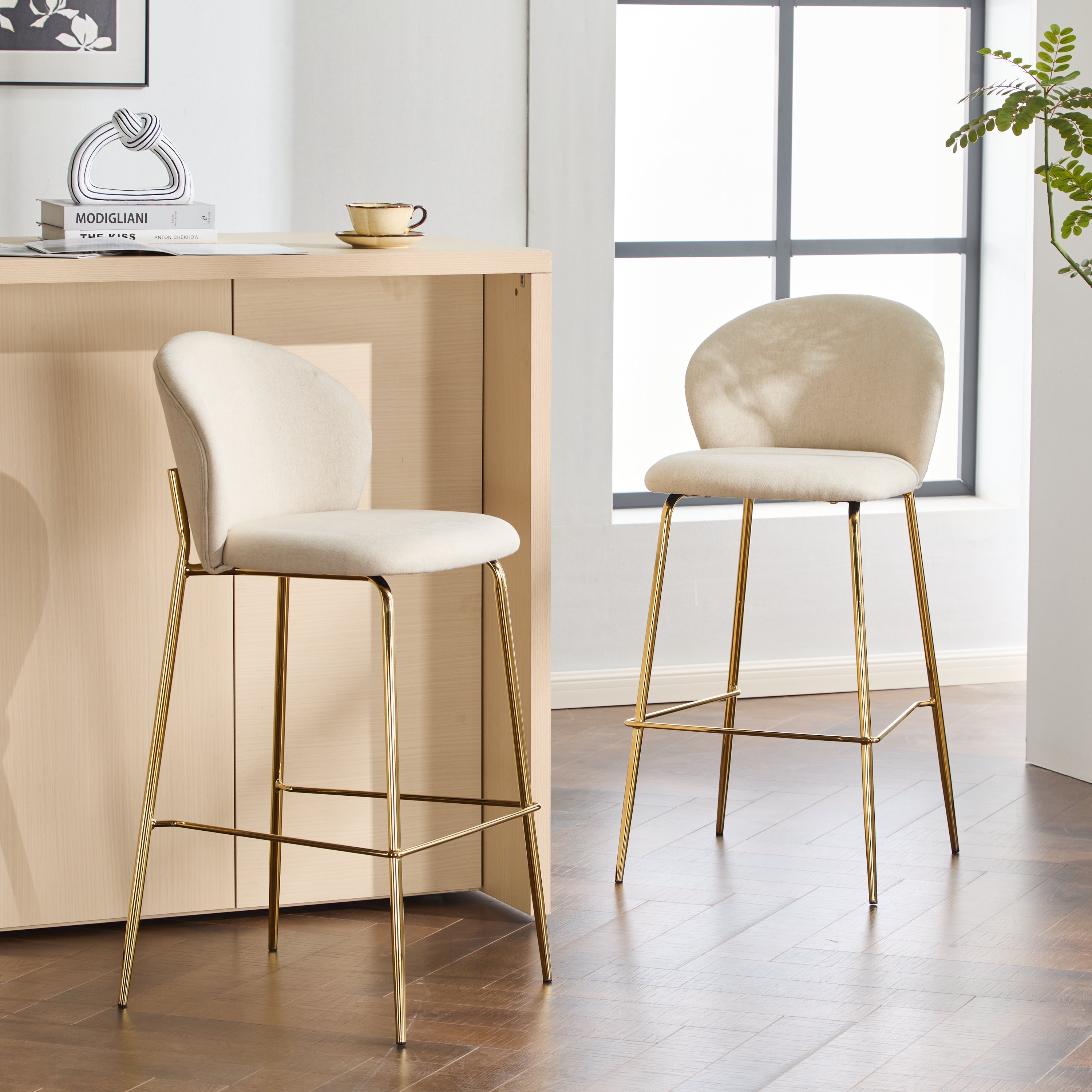 Kira Indoor Upholstered Bar Stool Set of 2, Beige Fabric with Metal Frame and Gilded Legs