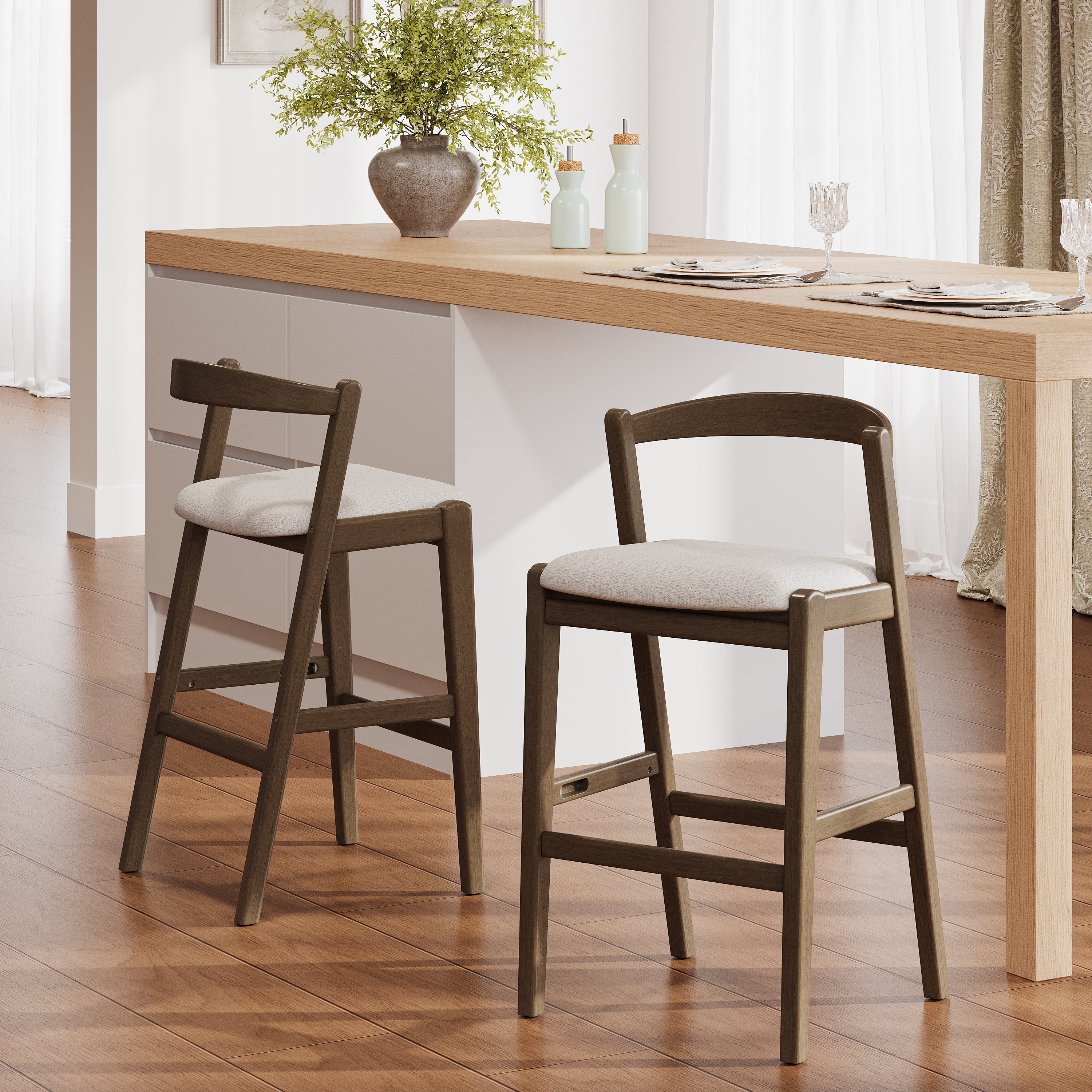 Balmain Indoor Rubberwood Barstool, Dark Brown Finished and Beige Upholstery, Set of 2