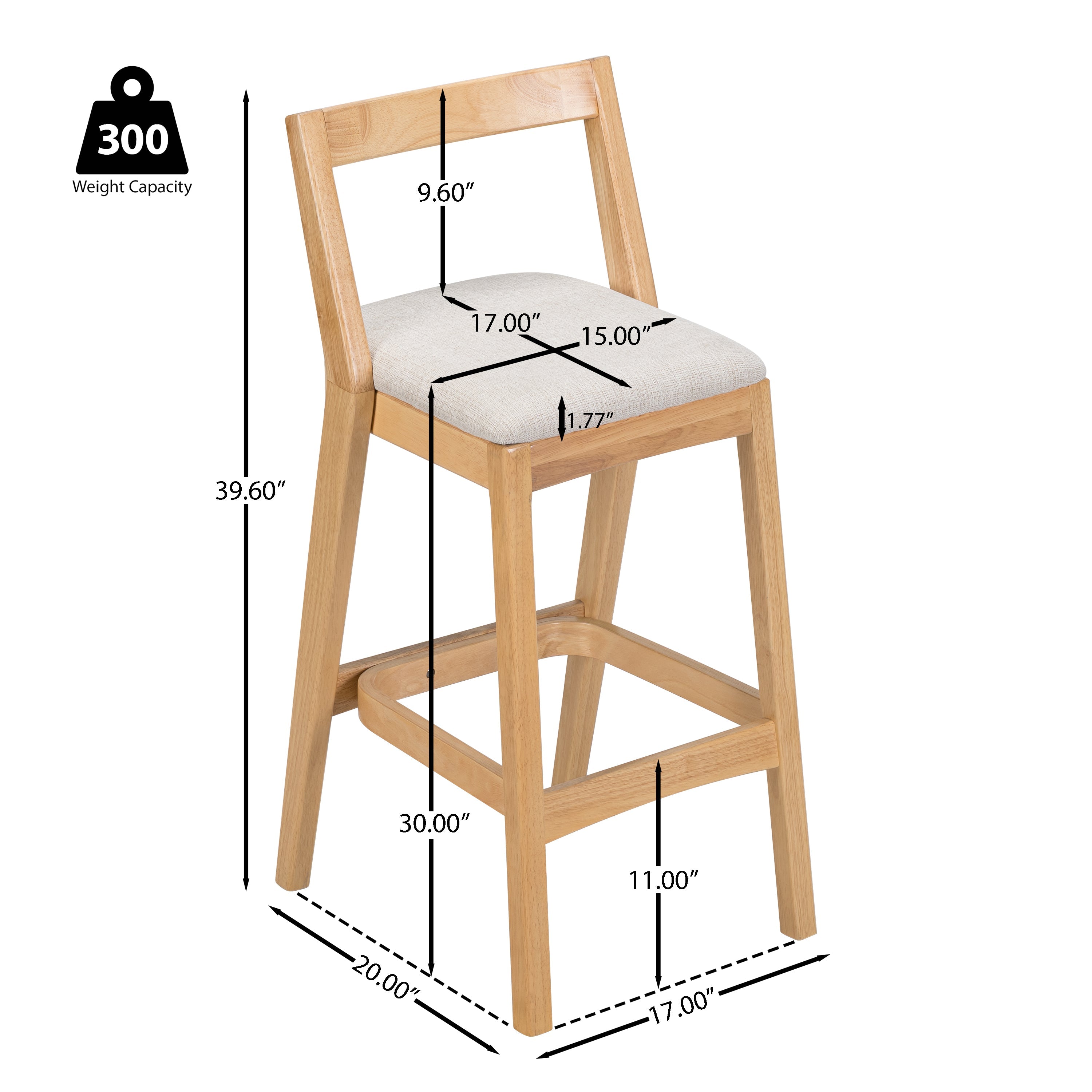 Jasper Indoor Rubberwood Barstool with Beige Upholstery, Natural Finish, Set of 2