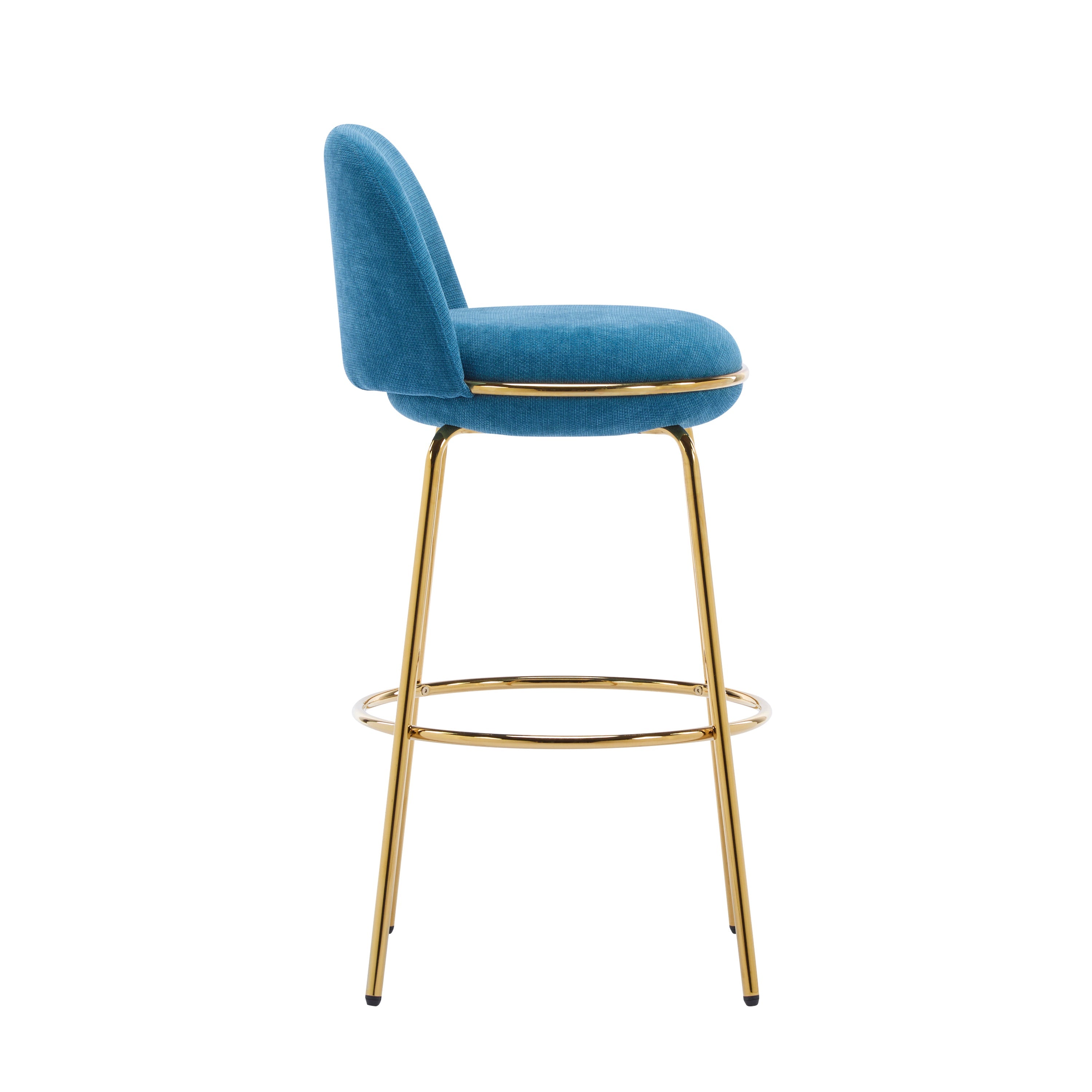 Rio Claro Indoor Metal Upholstered Barstool with Gold Finished Frame and Blue Upholstery, Set of 2
