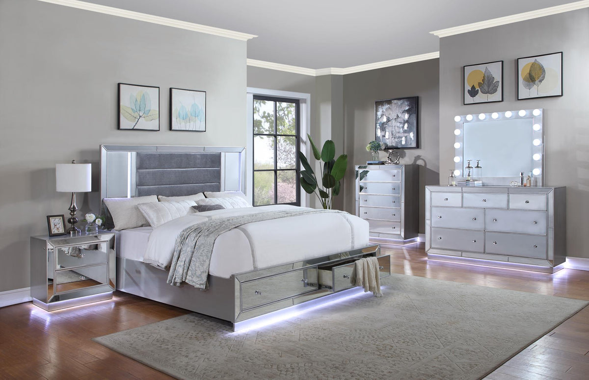 Platinum Silver LED Queen Bed & Bluetooth Mirror