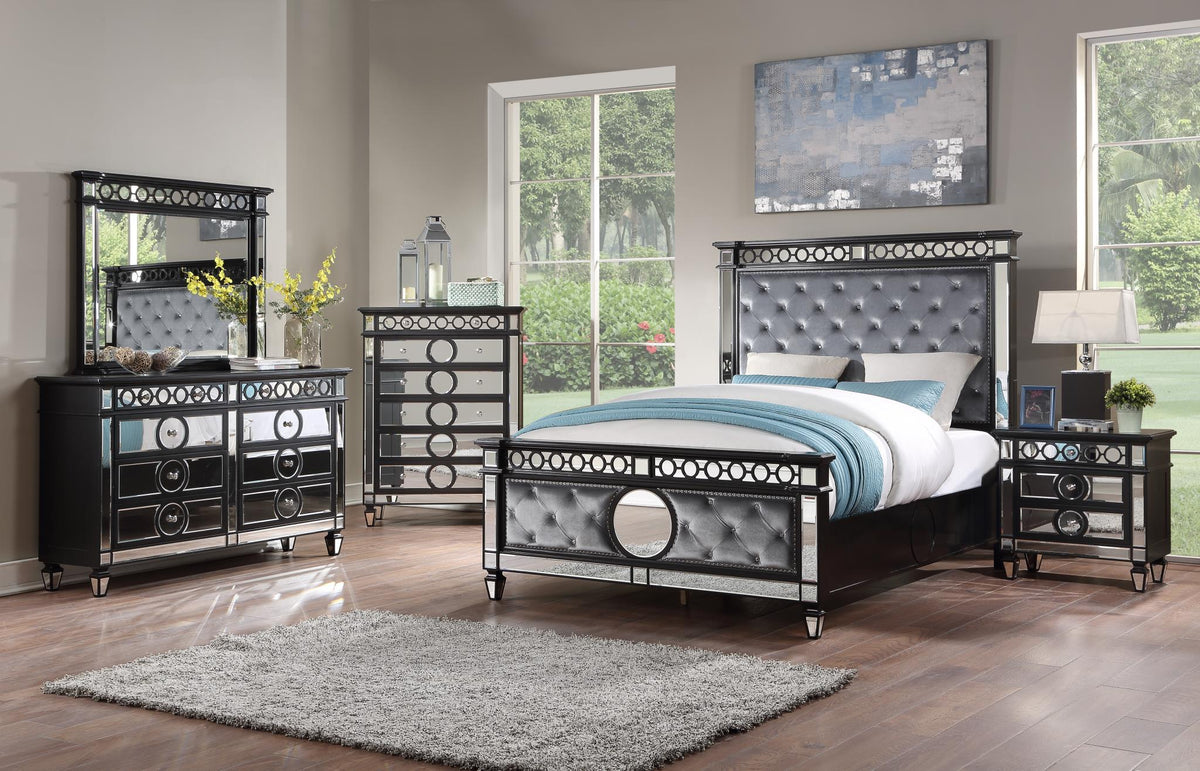 Gray Velvet Bed with Black Bedroom Pieces