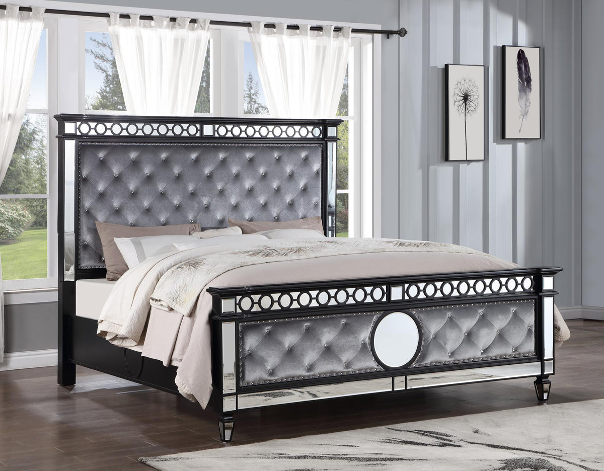 Gray Velvet Bed with Black Bedroom Pieces