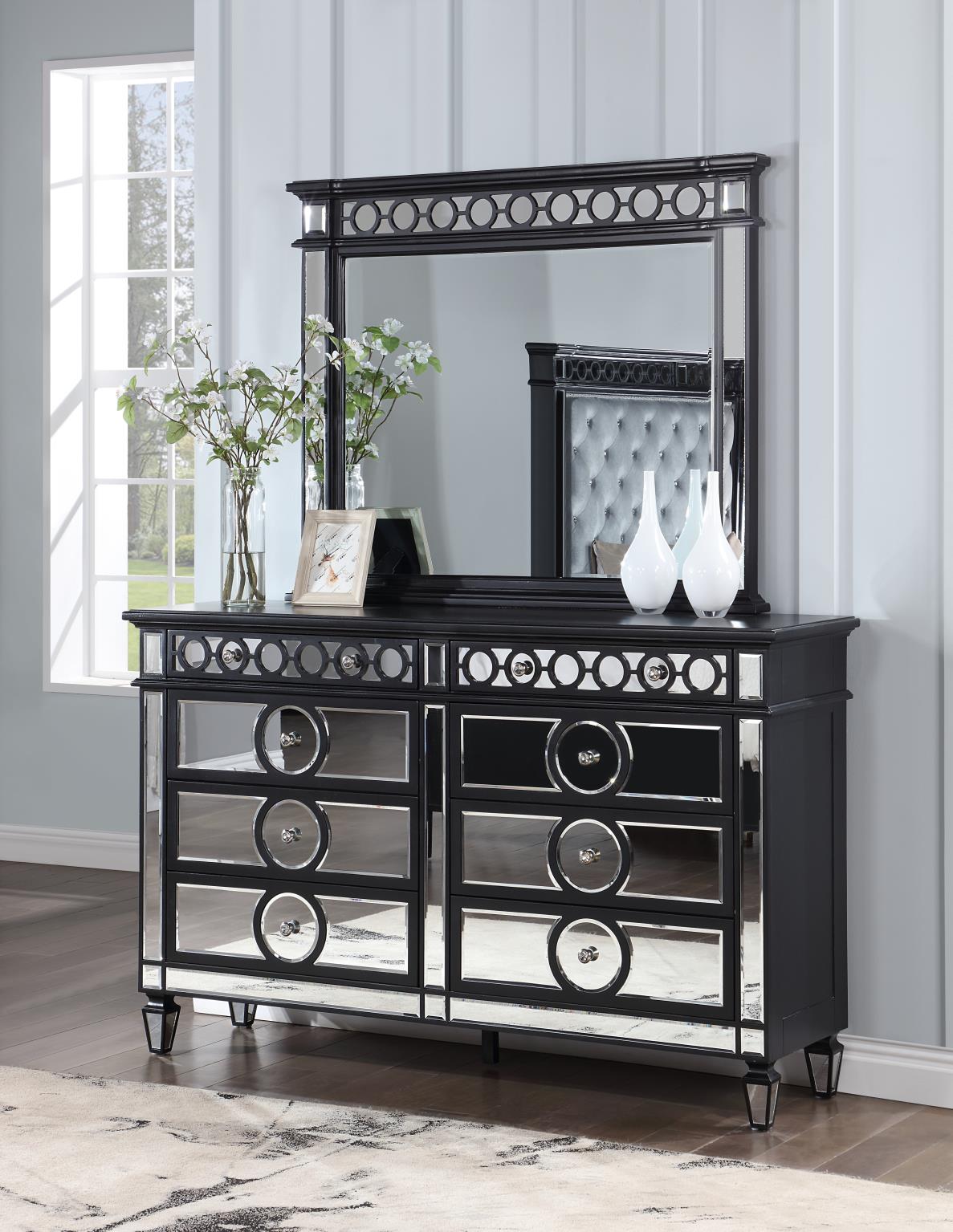 Gray Velvet Bed with Black Bedroom Pieces