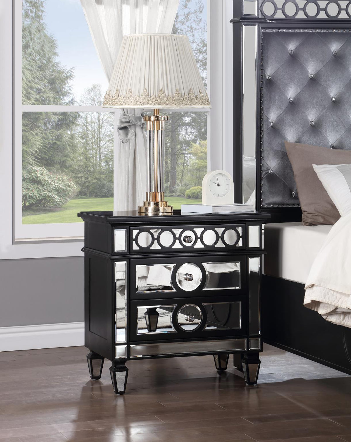 Gray Velvet Bed with Black Bedroom Pieces