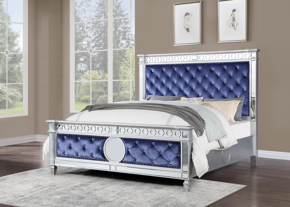 Blue Velvet Queen Bed & Silver Mirror