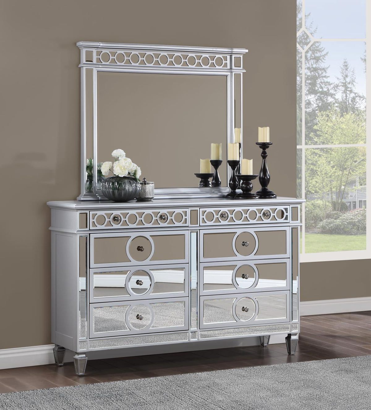 Blue Velvet Queen Bed & Silver Mirror