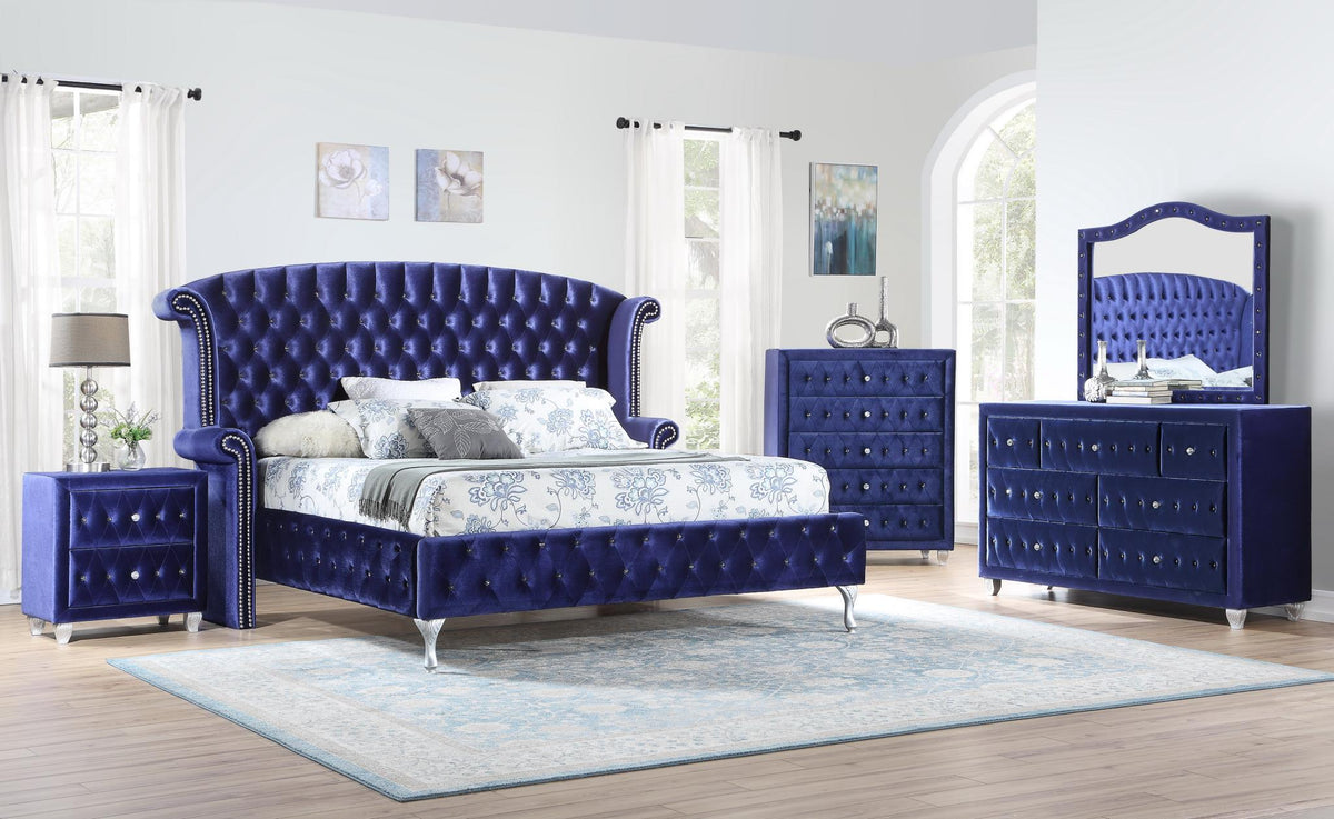 Blue Velvet Bed & Mirror Set