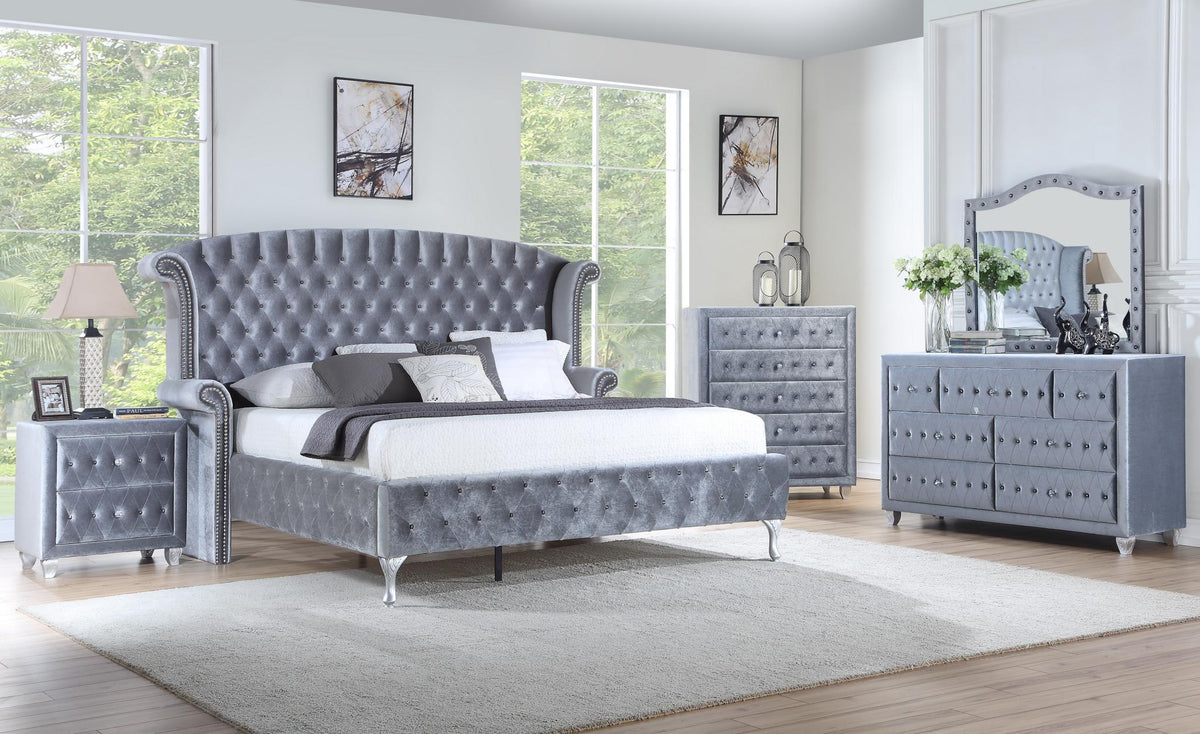 Gray Velvet Queen Bed & Mirror