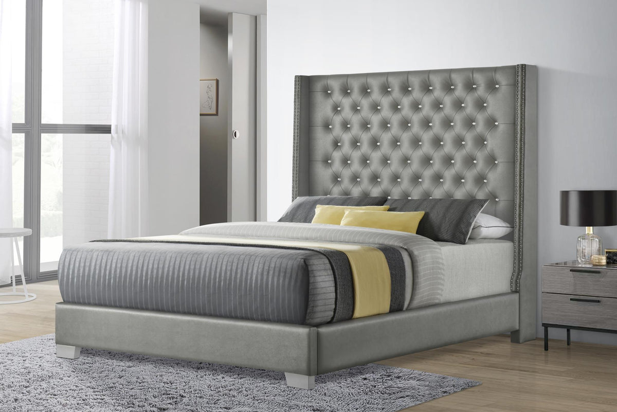 Gray Leather-Look Upholstered Bed