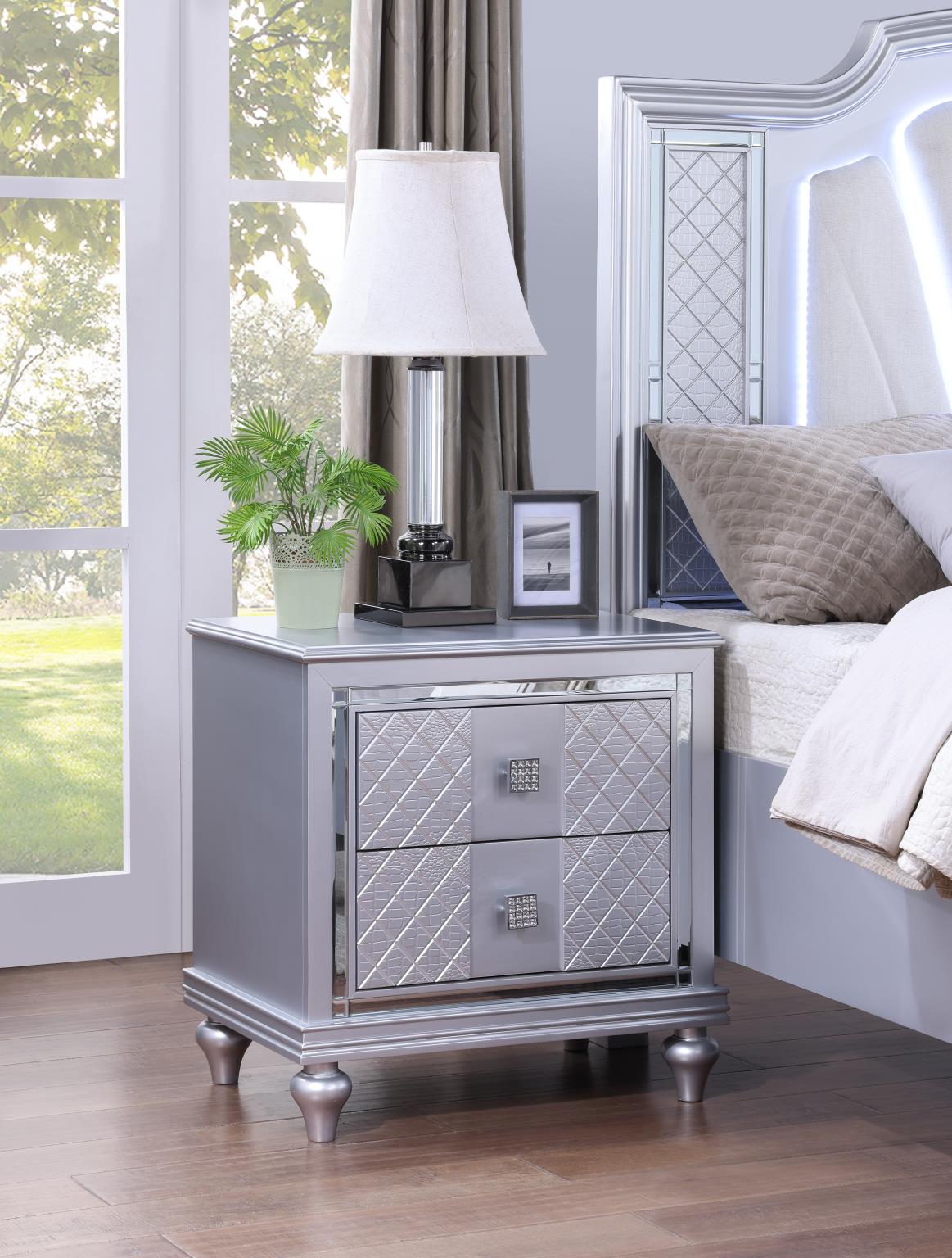 Silver LED Bedroom Collection with USB Nightstand