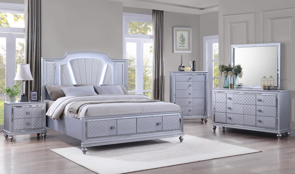 Silver LED Bedroom Collection with USB Nightstand