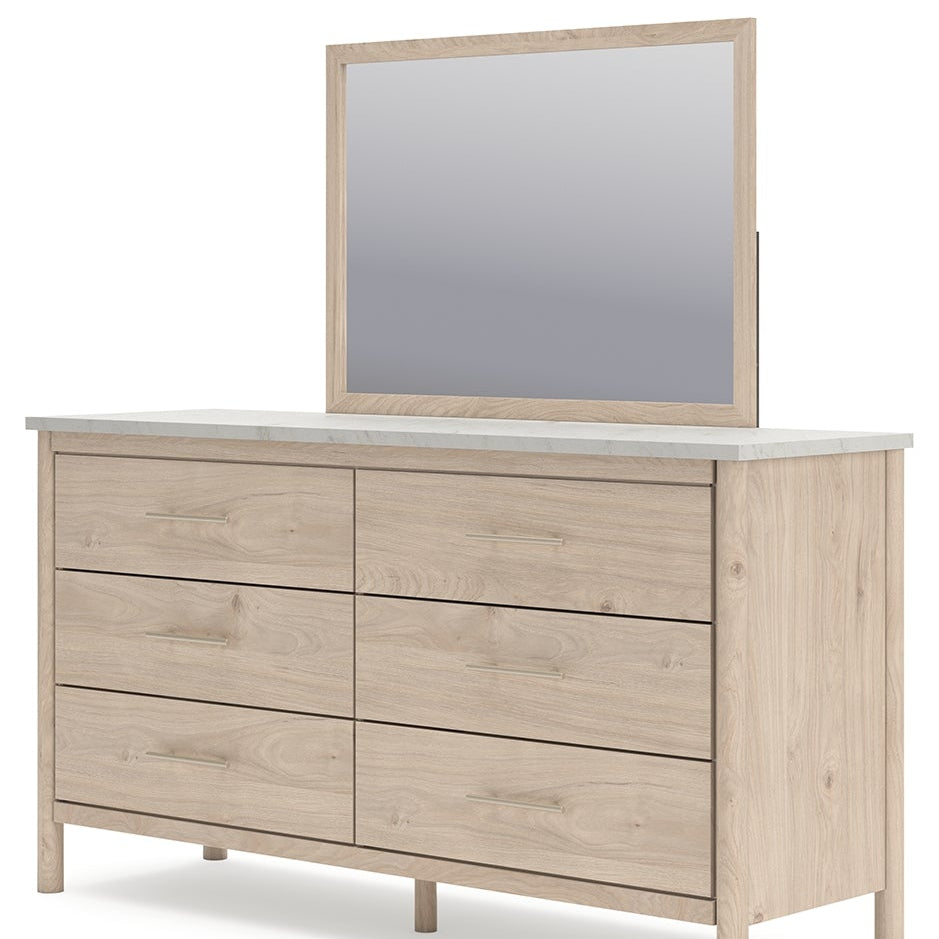 Cadmori Queen Upholstered Panel Bed with Mirrored Dresser, Chest and Nightstand