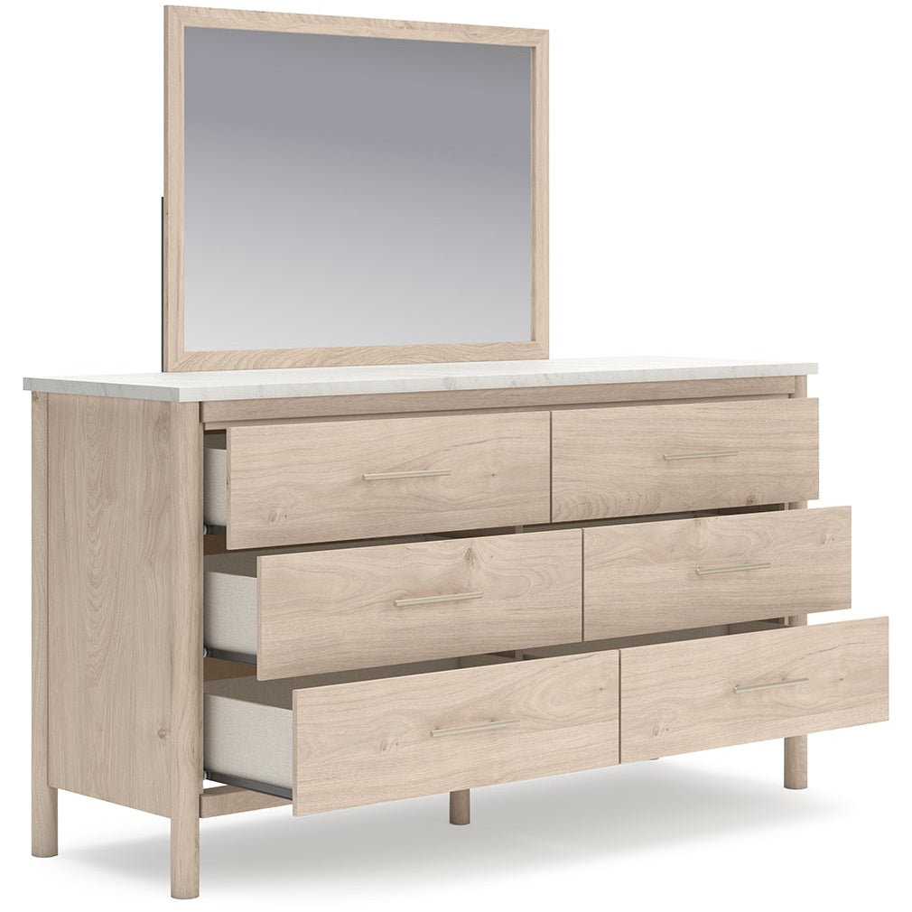 Cadmori Queen Upholstered Panel Bed with Mirrored Dresser, Chest and Nightstand