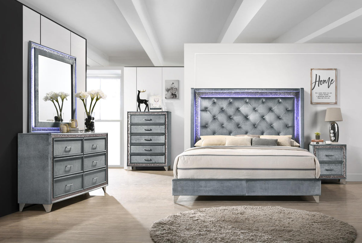 Gray Velvet LED Queen Bedroom Collection