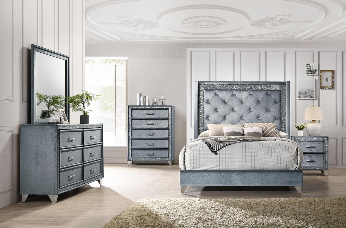 Gray Velvet King Bed & Storage Pieces