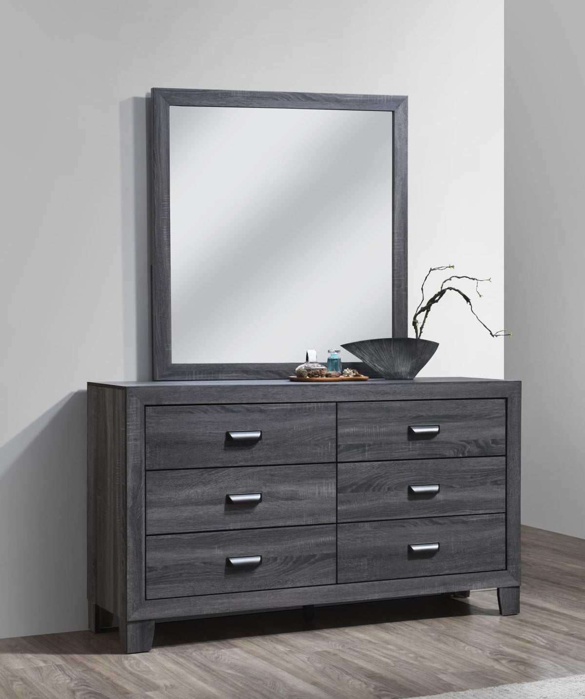 Dark Gray King Bed, Dresser & Mirror