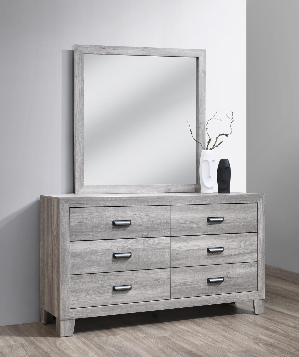 Gray Wash King Bed, Mirror & Nightstand