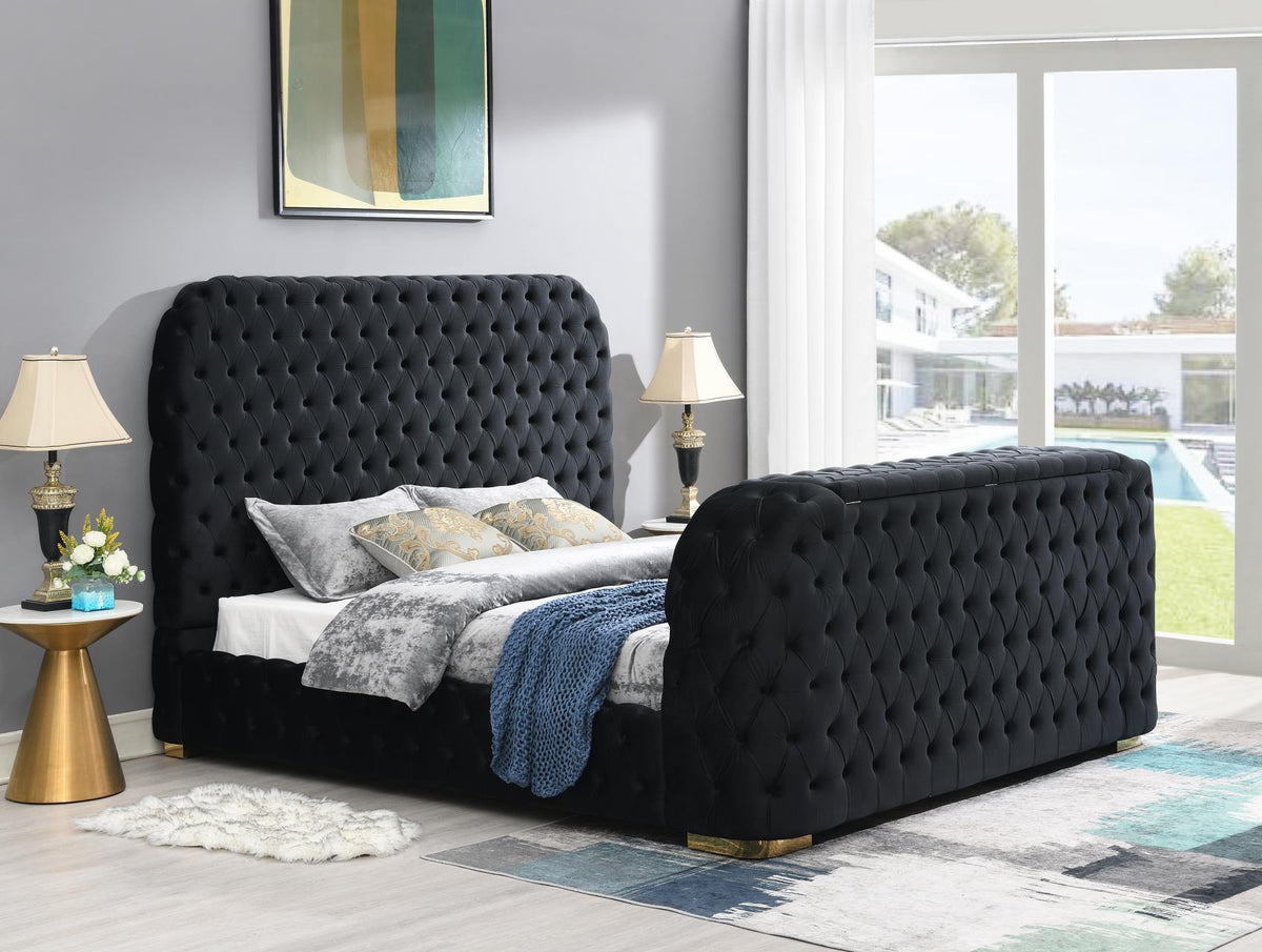 Black Velvet Bed with Fireplace, TV Mount & Bluetooth
