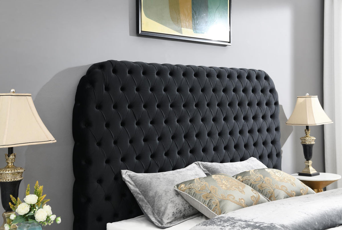 Black Velvet Bed with Fireplace, TV Mount & Bluetooth
