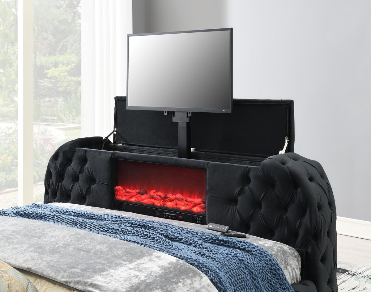 Black Velvet Bed with Fireplace, TV Mount & Bluetooth