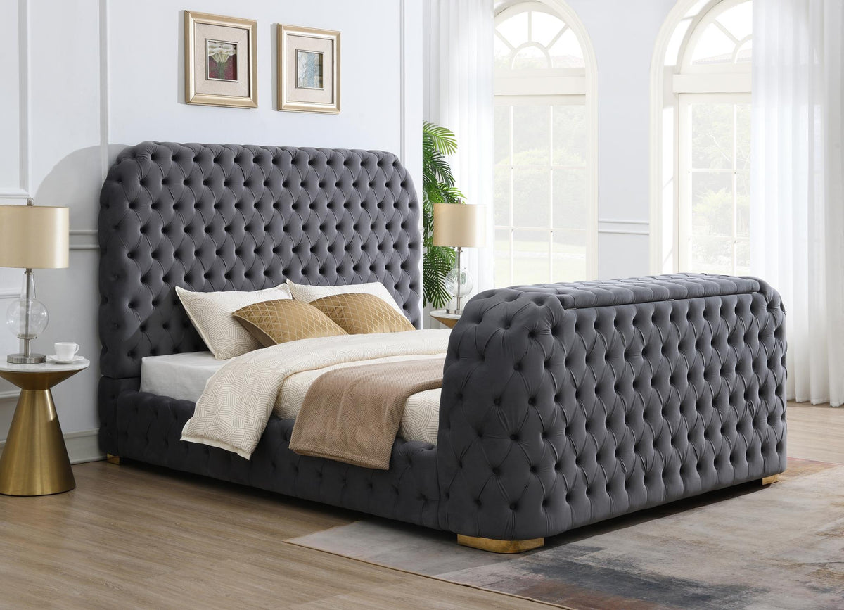 Gray Velvet Bed with Fireplace, TV Mount & Bluetooth